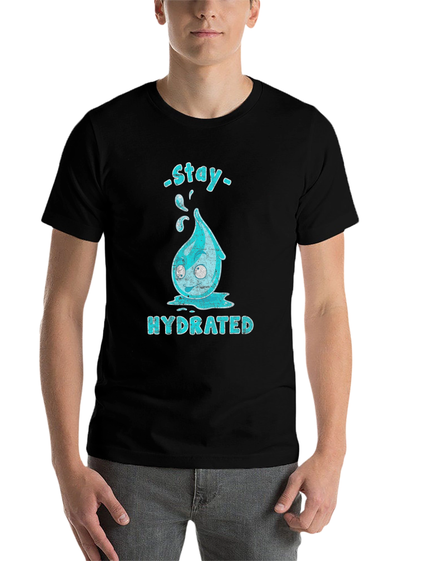 Black Stay Hydrated Cartoon Waterdrop Graphic T-Shirt view 7
