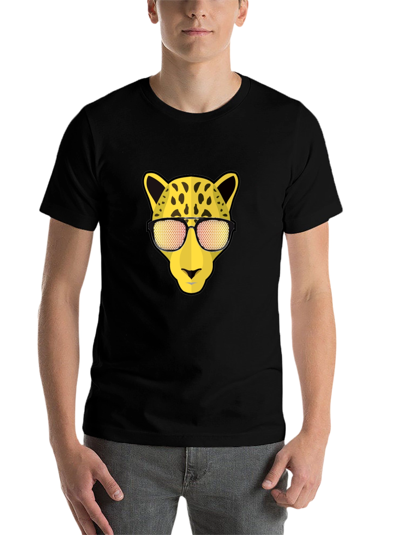 Black Cool Cat Tee: Leopard with Shades Graphic T-Shirt view 7