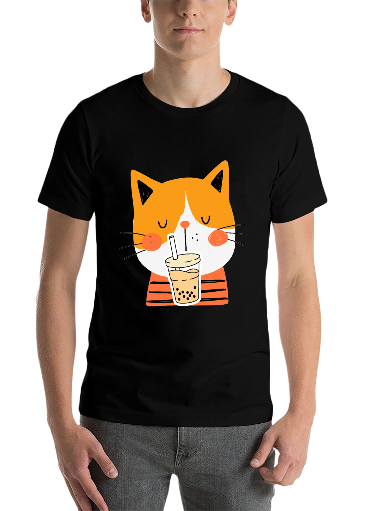 Black Cat Drinking Bubble Tea T-Shirt view 7