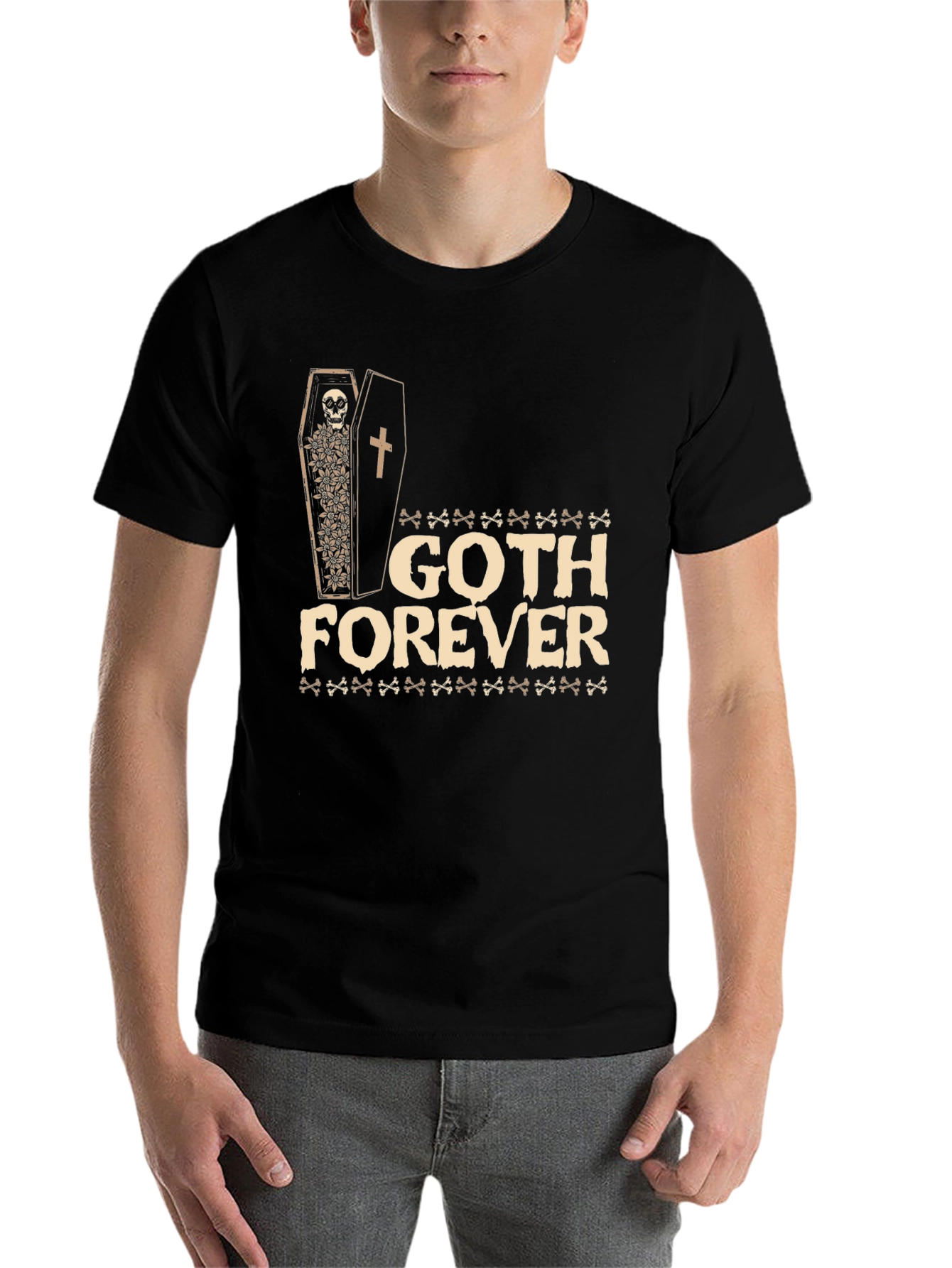 Black Goth Forever T-Shirt - Skull Coffin Design view 7