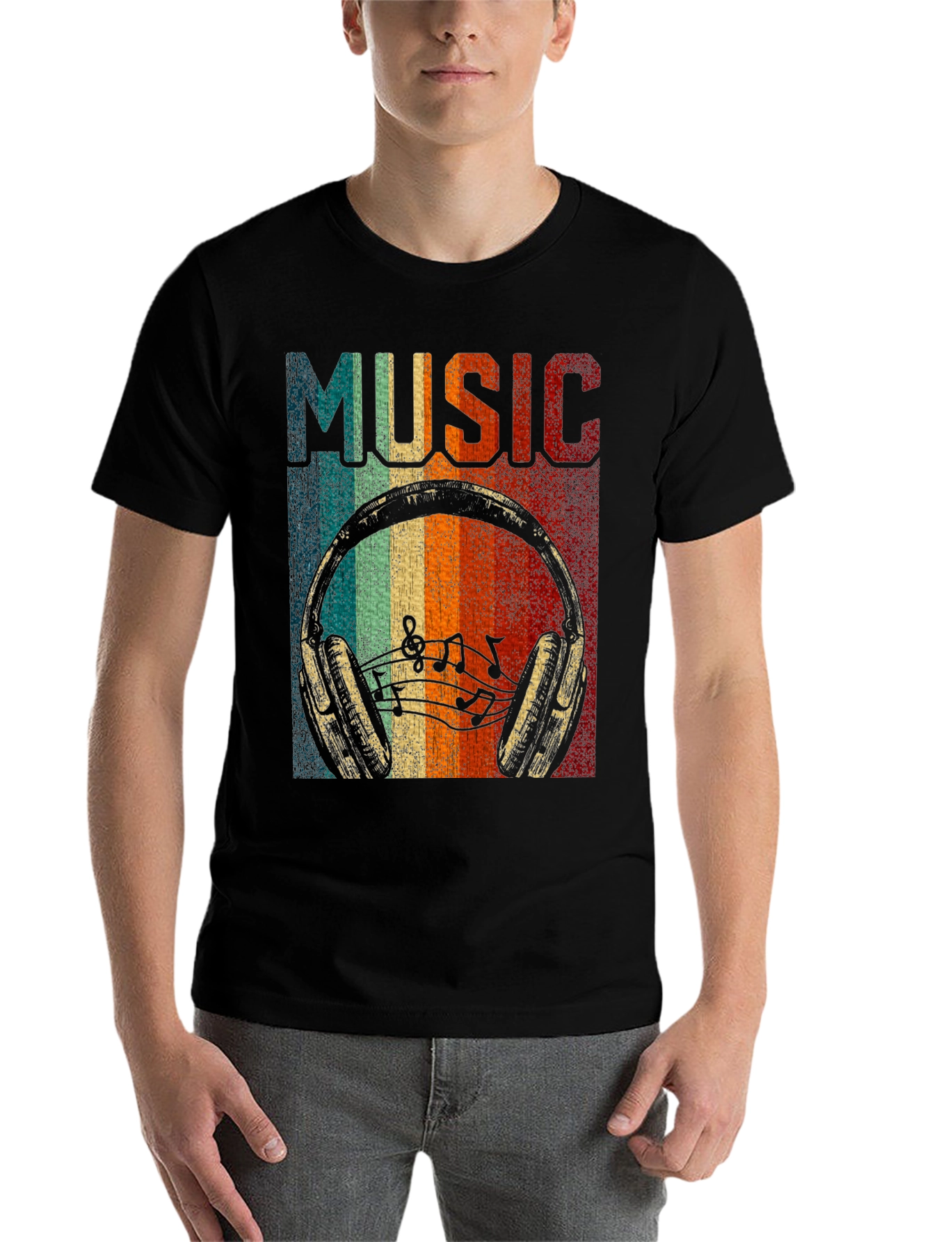 Black Retro Music Headphone T-Shirt view 7