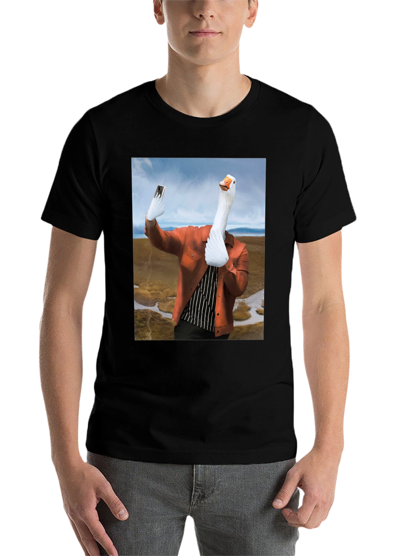 Black Funny Goose Selfie T-Shirt view 7