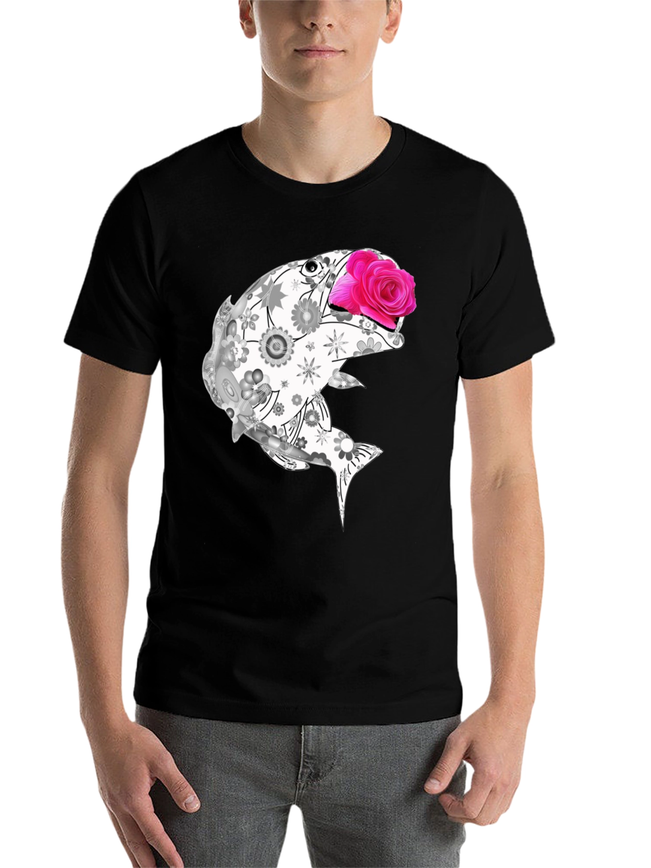 Black Floral Fish Graphic Tee - Stylish Casual Wear view 7