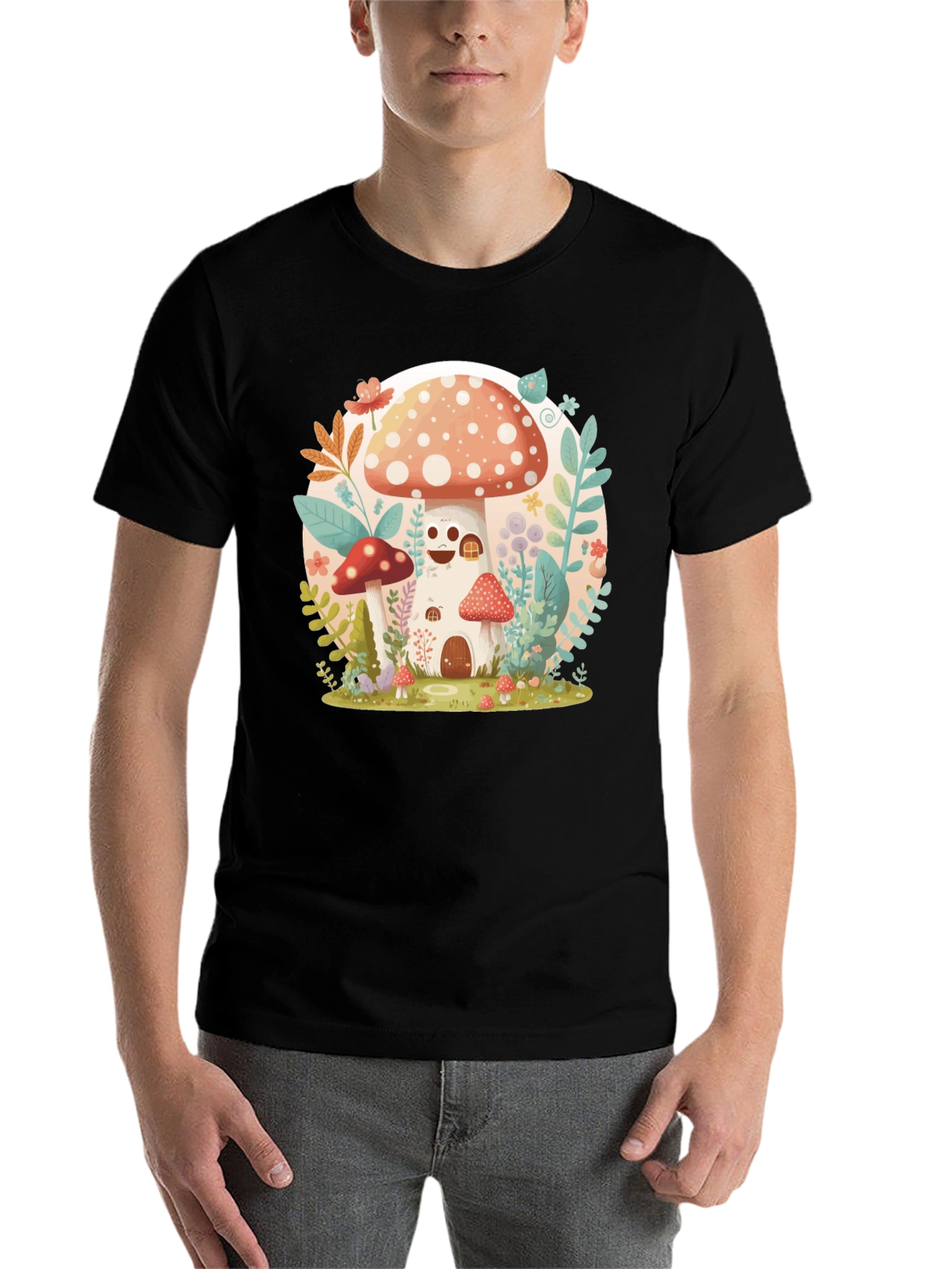 Black Mushroom House Graphic Tee - Whimsical Design view 7
