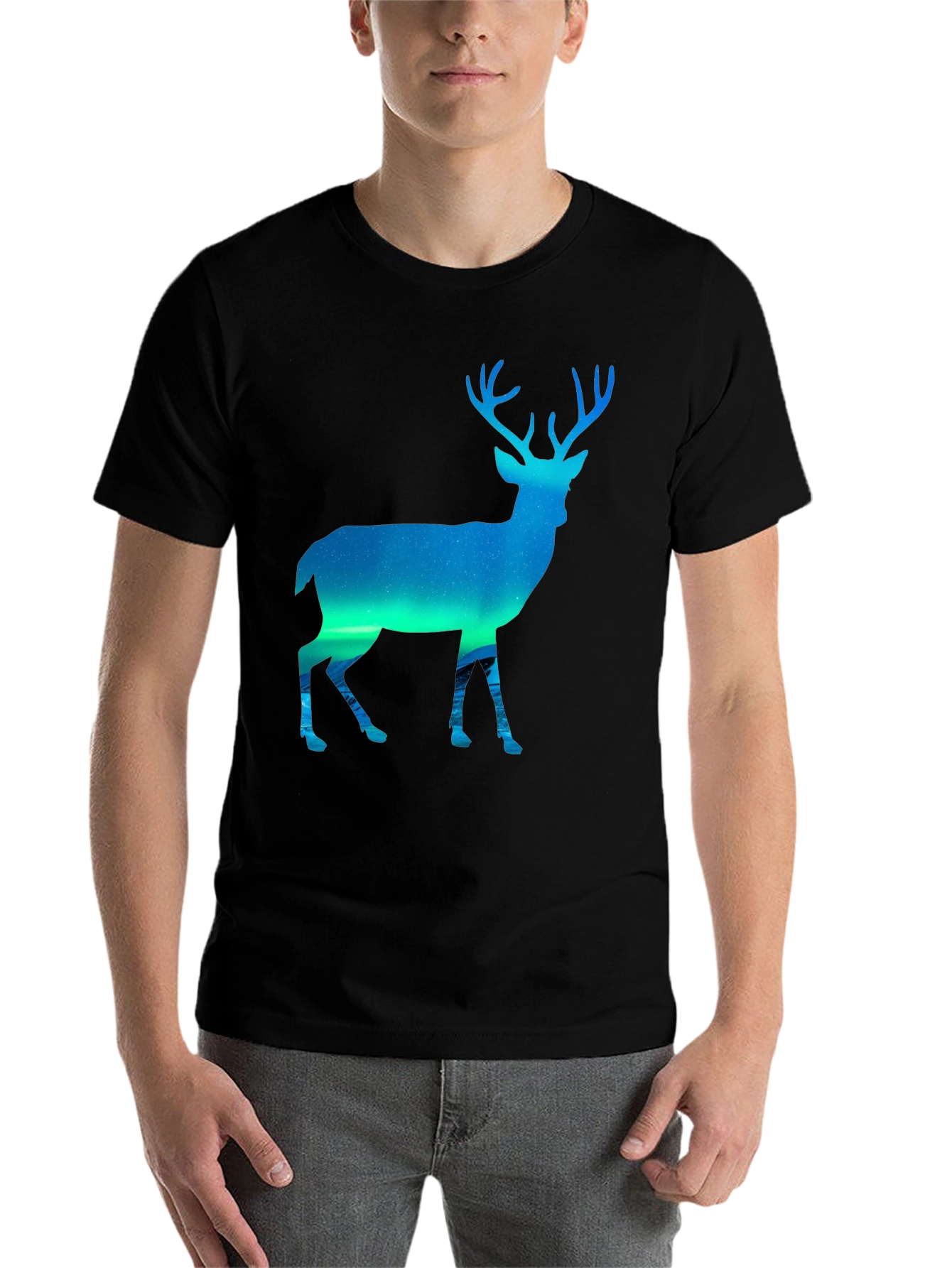 Black Northern Lights Deer Graphic Tee - Black view 7