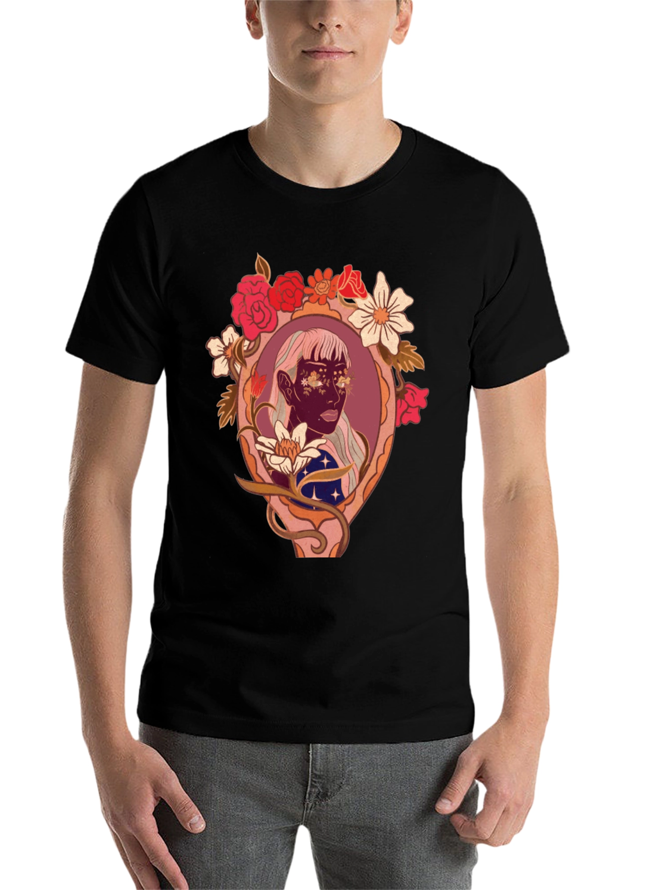 Black Floral Framed Face Graphic Tee view 7