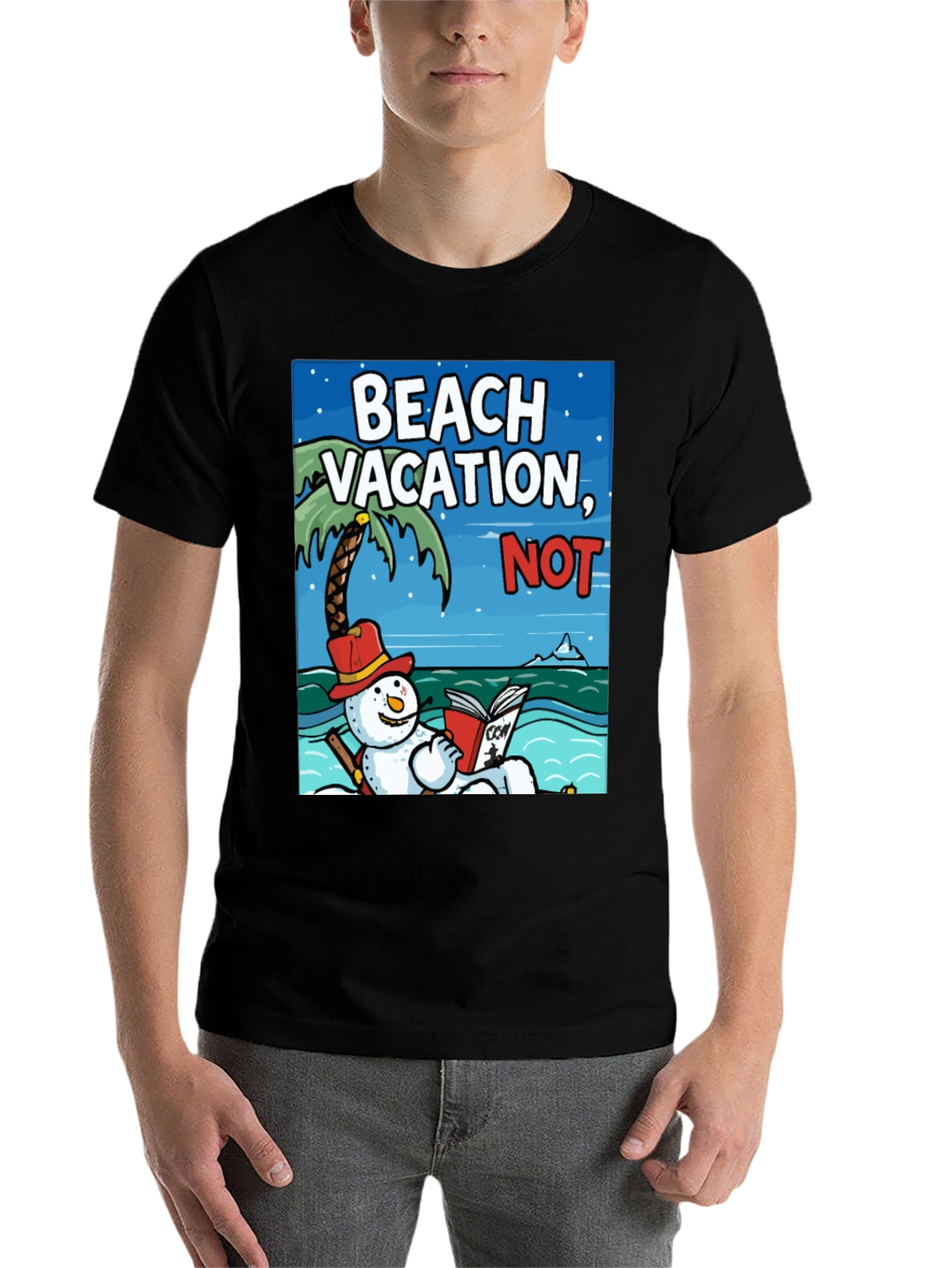 Black Beach Vacation NOT! Funny Snowman Holiday T-Shirt view 7