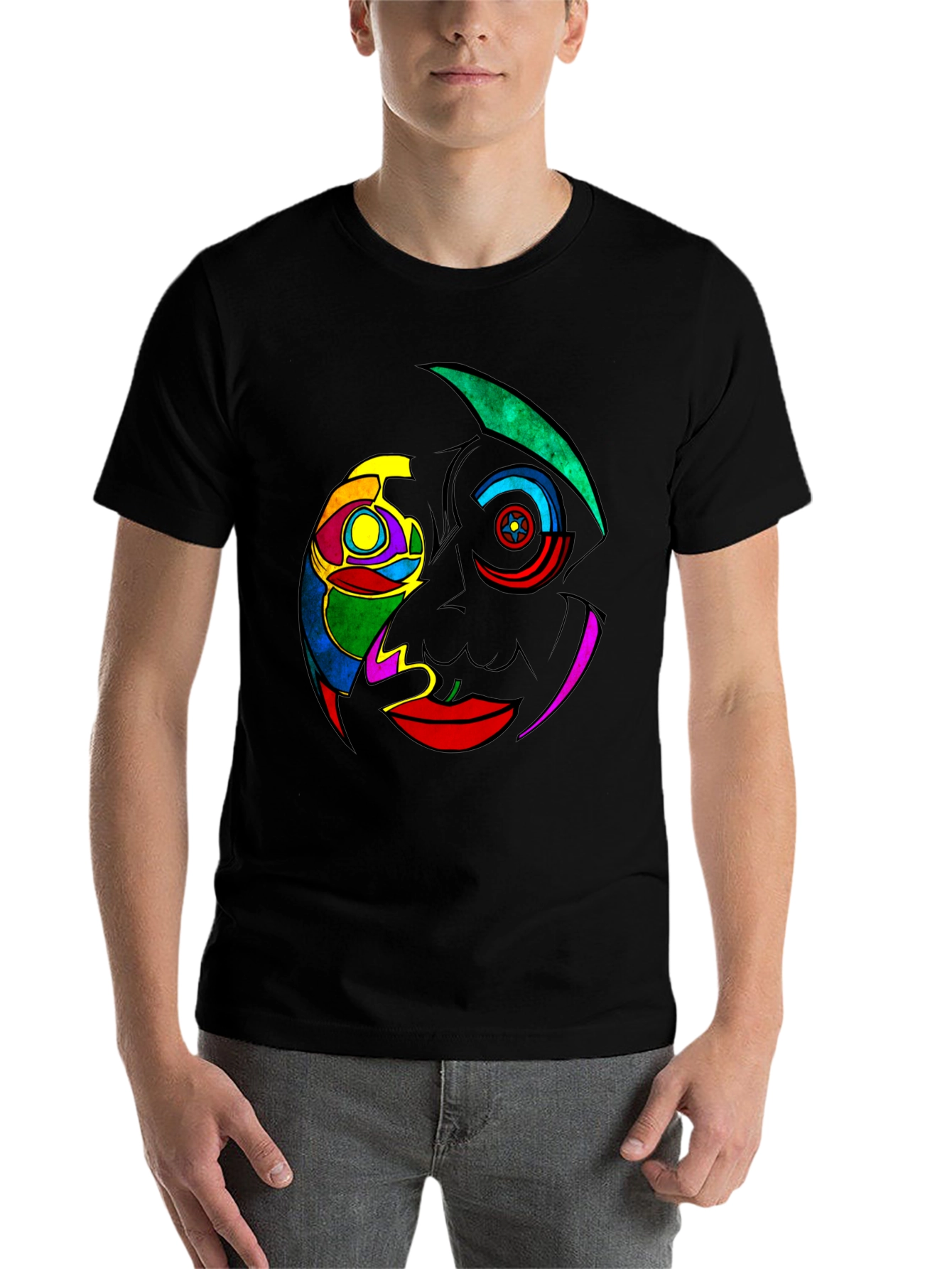 Black Abstract Colorful Face Graphic Black T-Shirt view 7