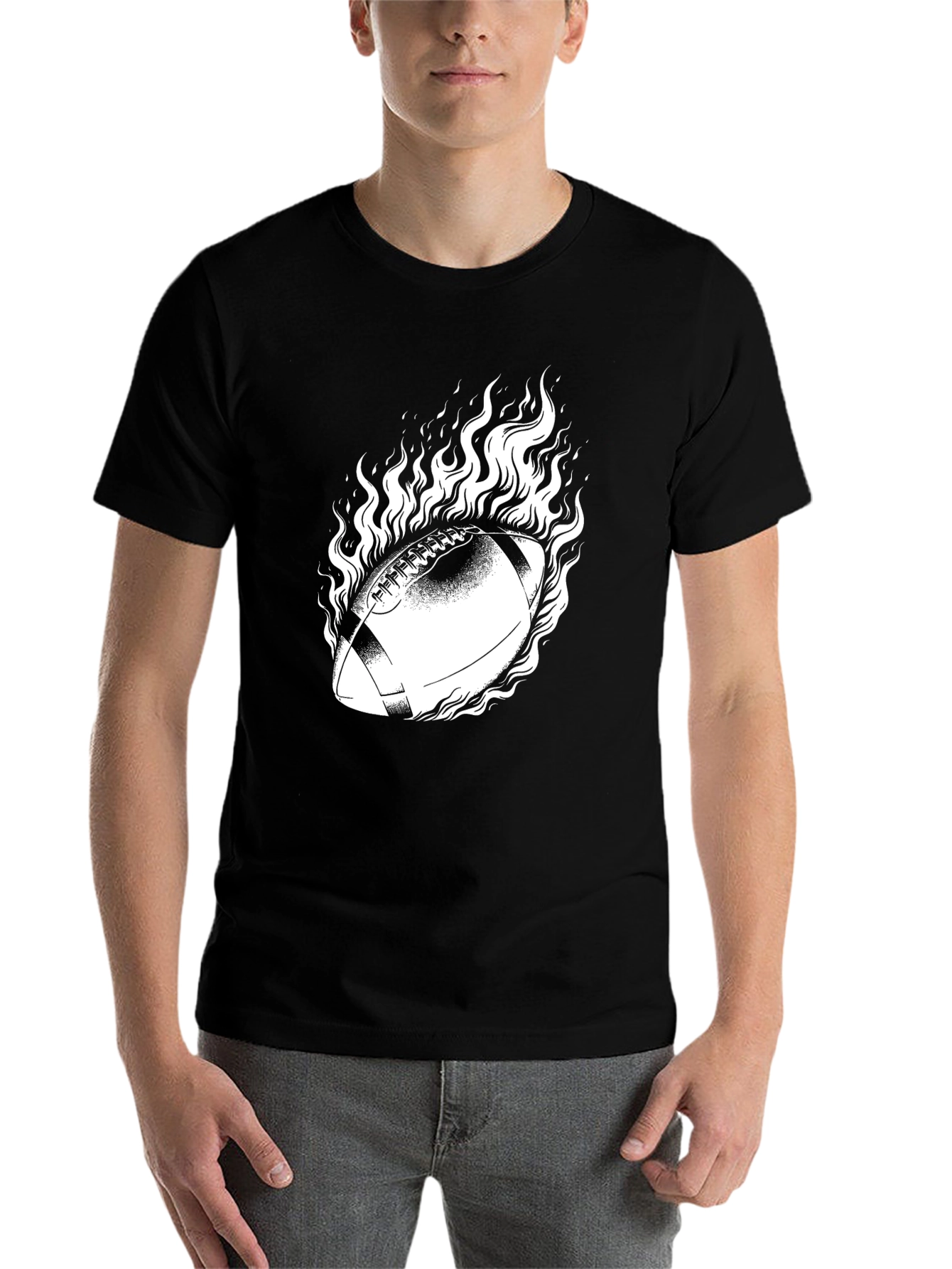Black Flaming Football Graphic Tee - Black Cotton view 7