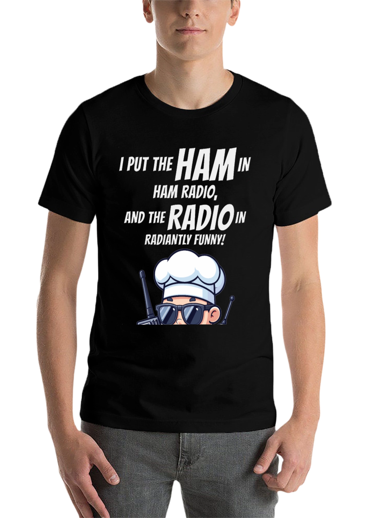 Black Ham Radio Humor T-Shirt: Radiantly Funny Chef Design view 7