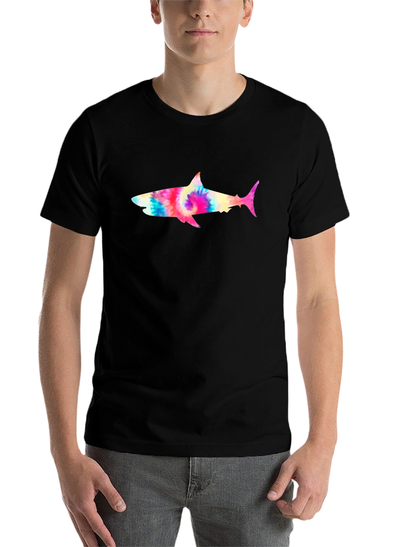 Black Tie-Dye Shark Graphic Tee - Black Cotton T-Shirt view 7