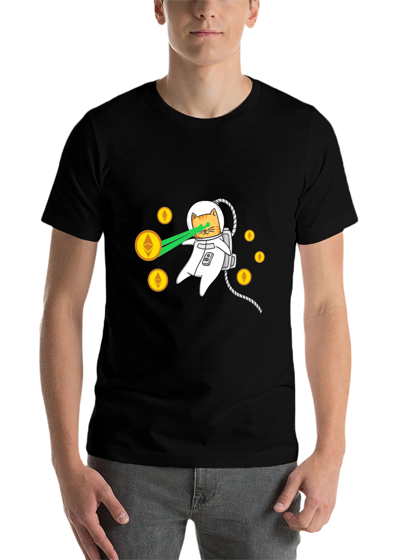 Black Astronaut Cat Laser Eyes Ethereum Crypto Black T-Shirt view 7