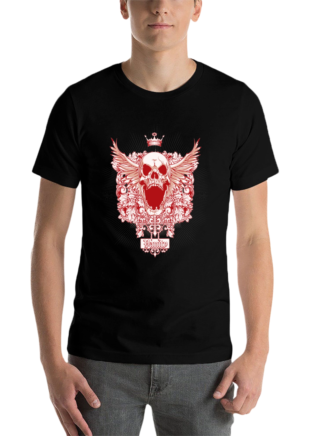 Black Skull with Crown Graphic Print T-Shirt view 7