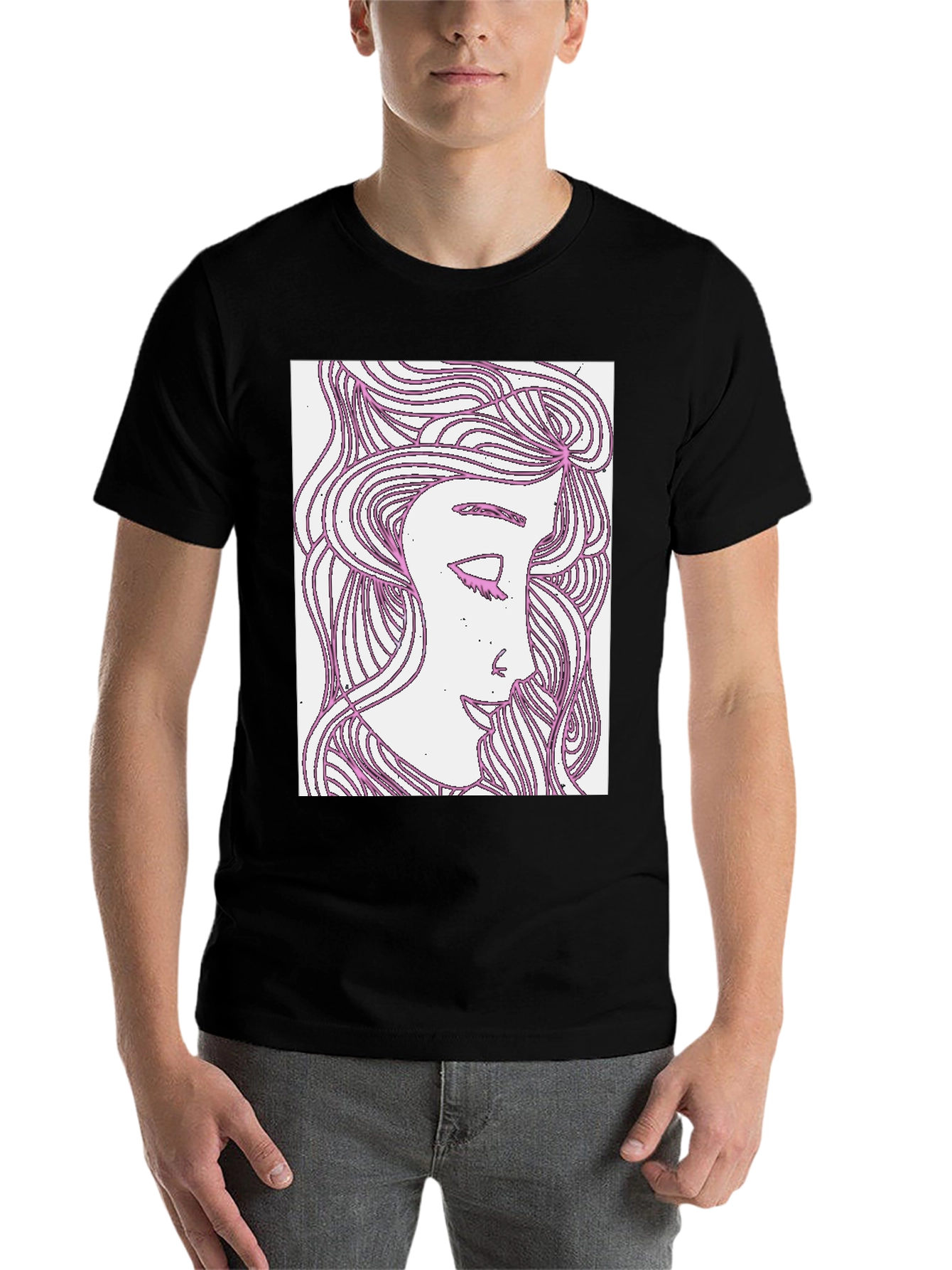 Black Abstract Woman Graphic Tee - Black Cotton T-Shirt view 7