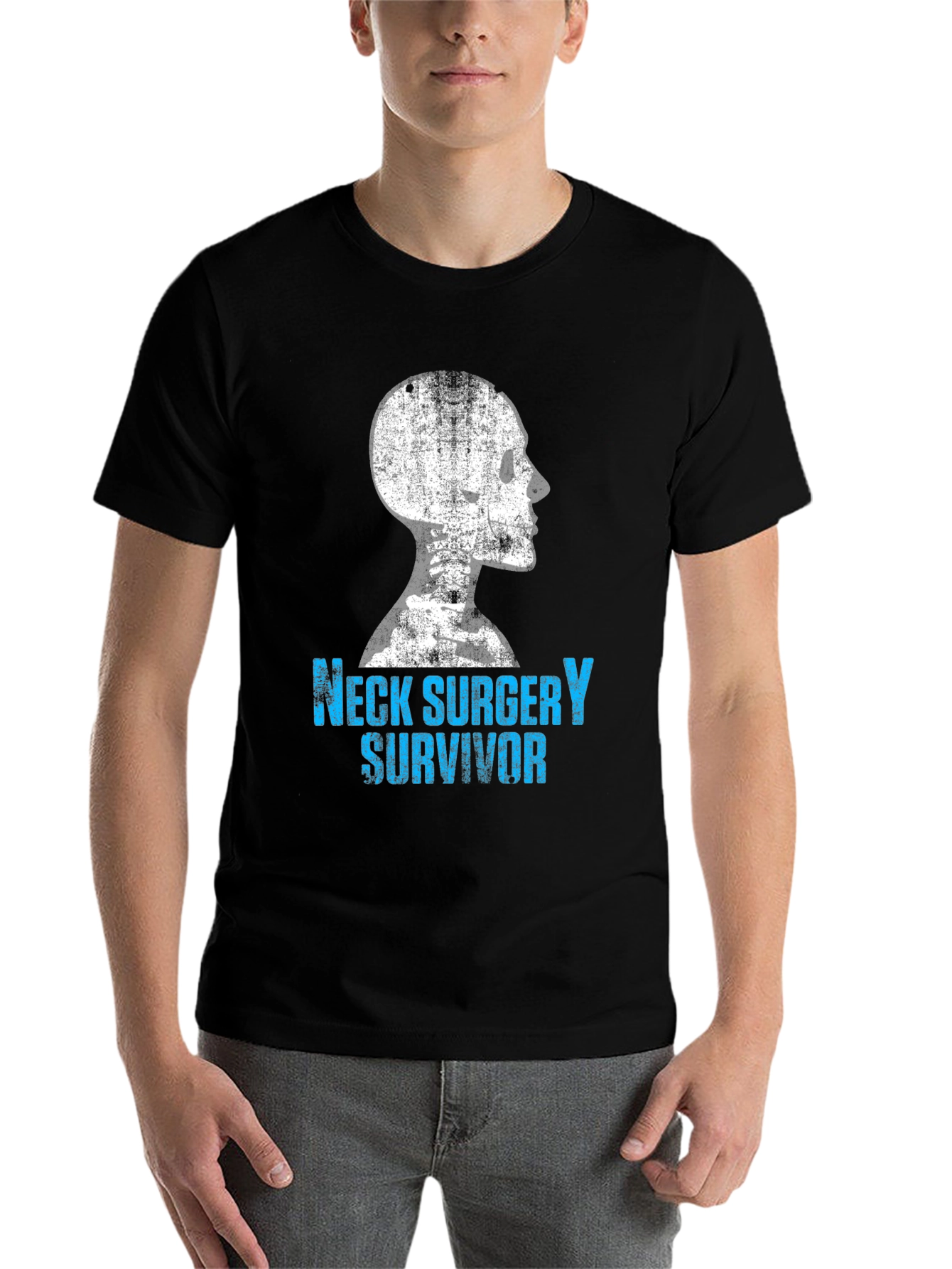 Black Neck Surgery Survivor T-Shirt - Bone Skeleton Design view 7