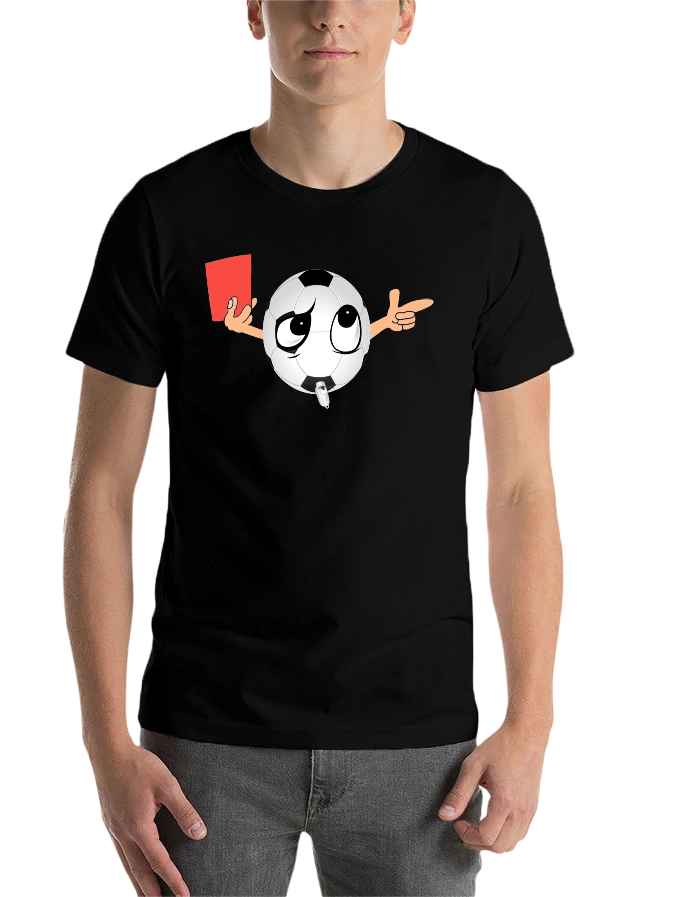 Black Soccer Referee T-Shirt - Funny Cartoon Ball with Red Card view 7
