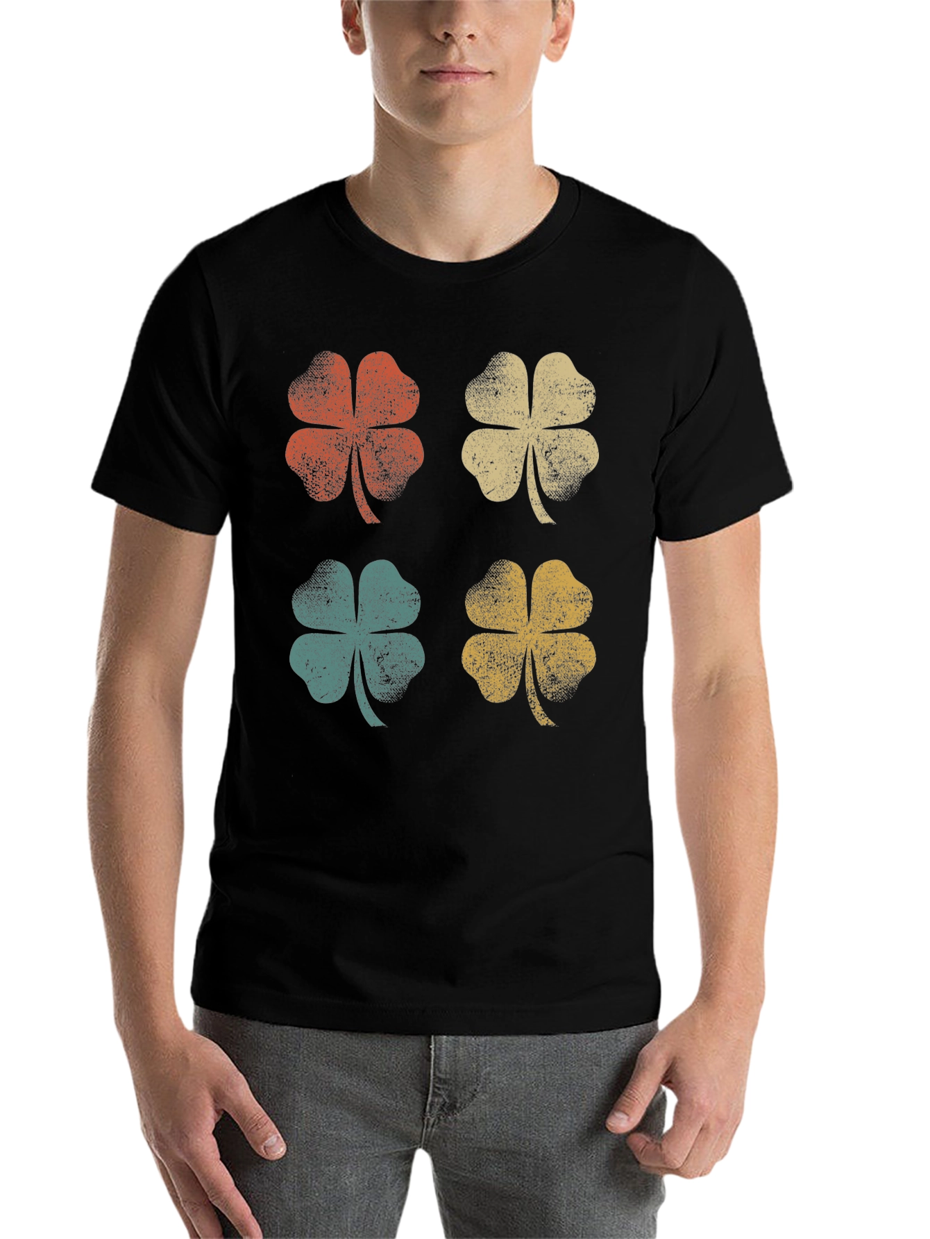 Black Retro Clover Graphic Tee - Lucky Four Leaf Shirt view 7