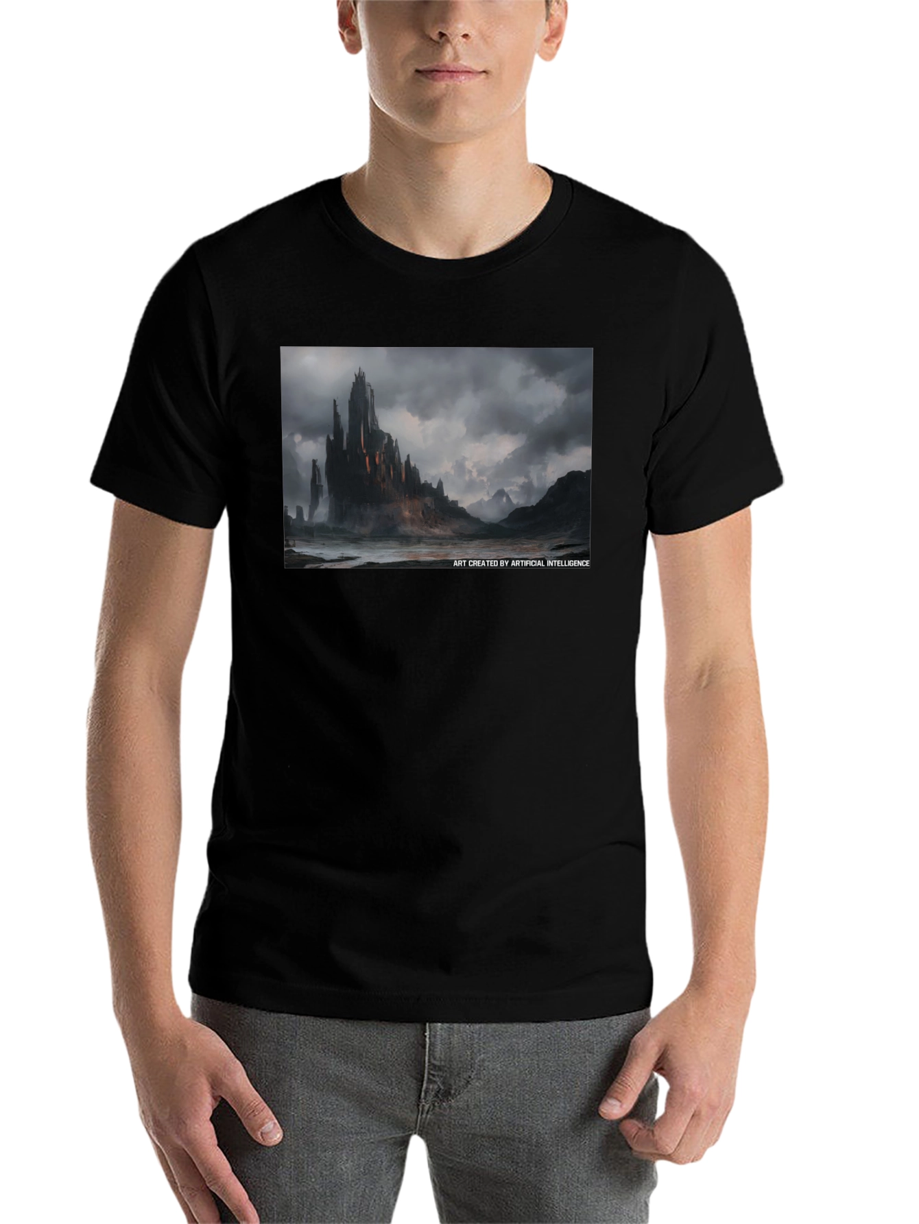 Black Dark Castle AI Art Black Tee - Unique Graphic T-Shirt view 7