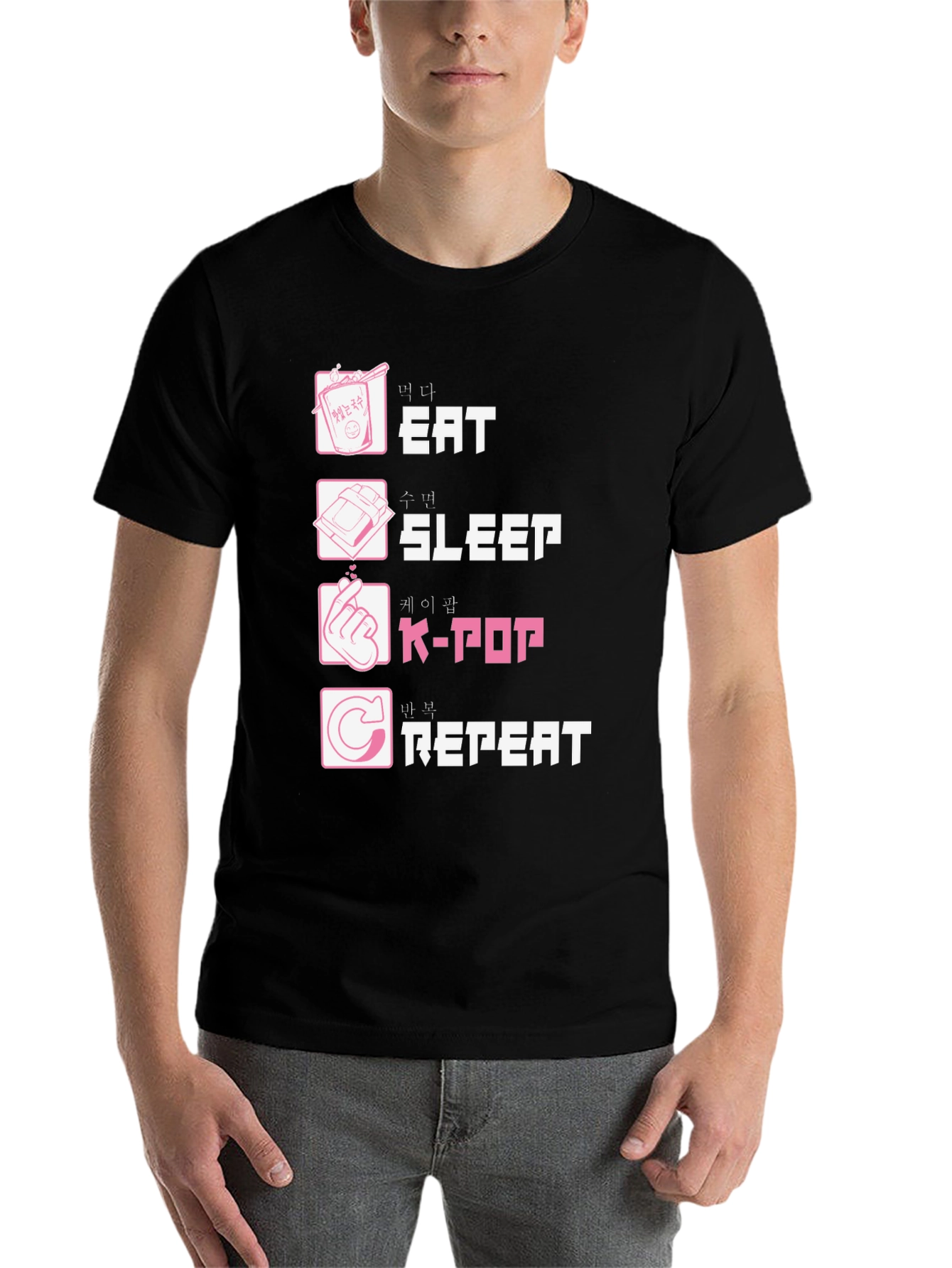 Black Eat Sleep K-Pop Repeat Black Graphic Tee view 7