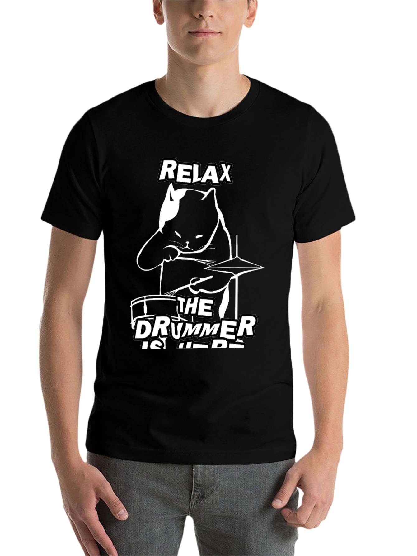 Black Relax The Drummer Is Here Black Cat T-Shirt view 7