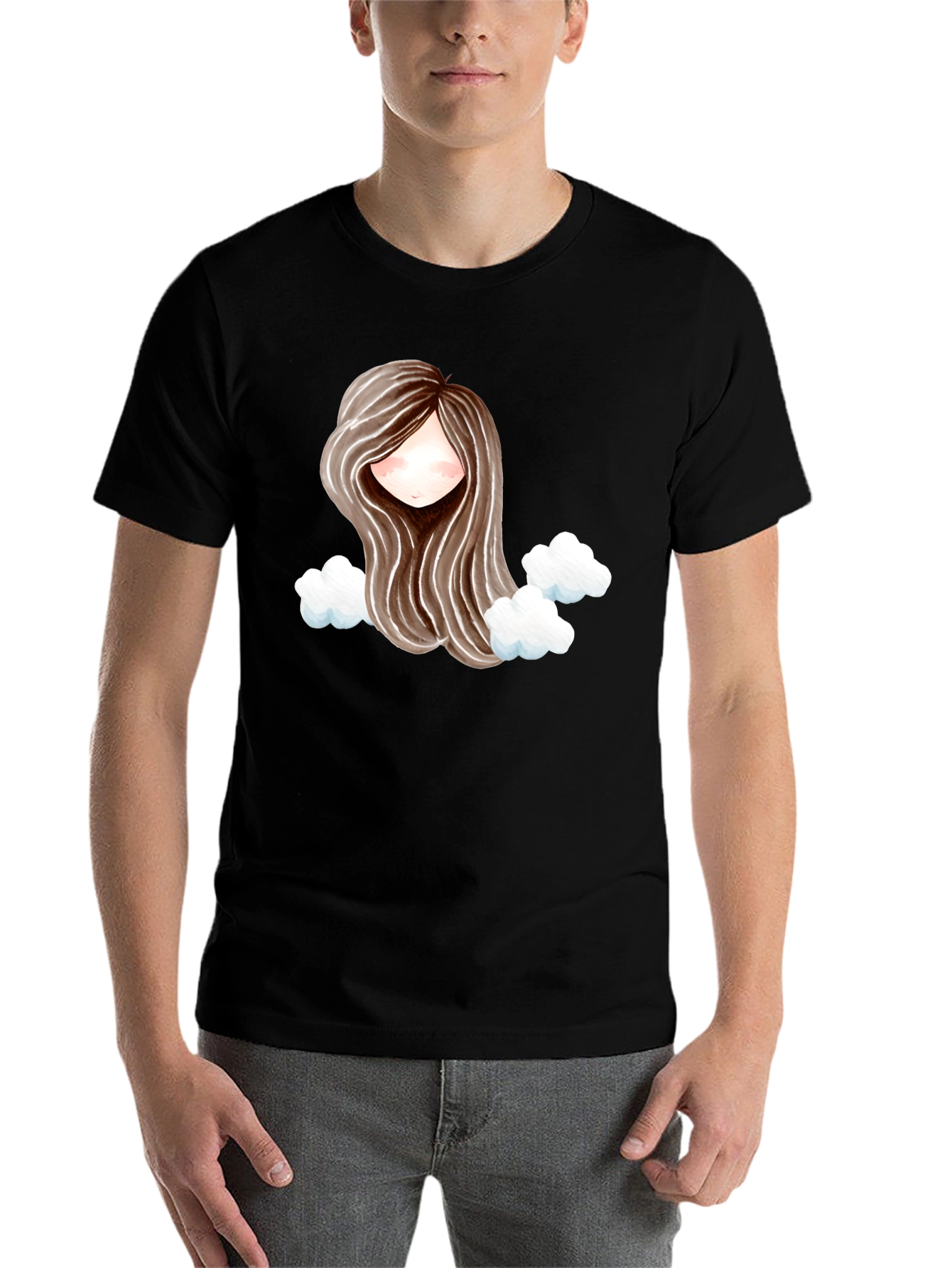 Black Whimsical Girl with Clouds Graphic Tee view 7
