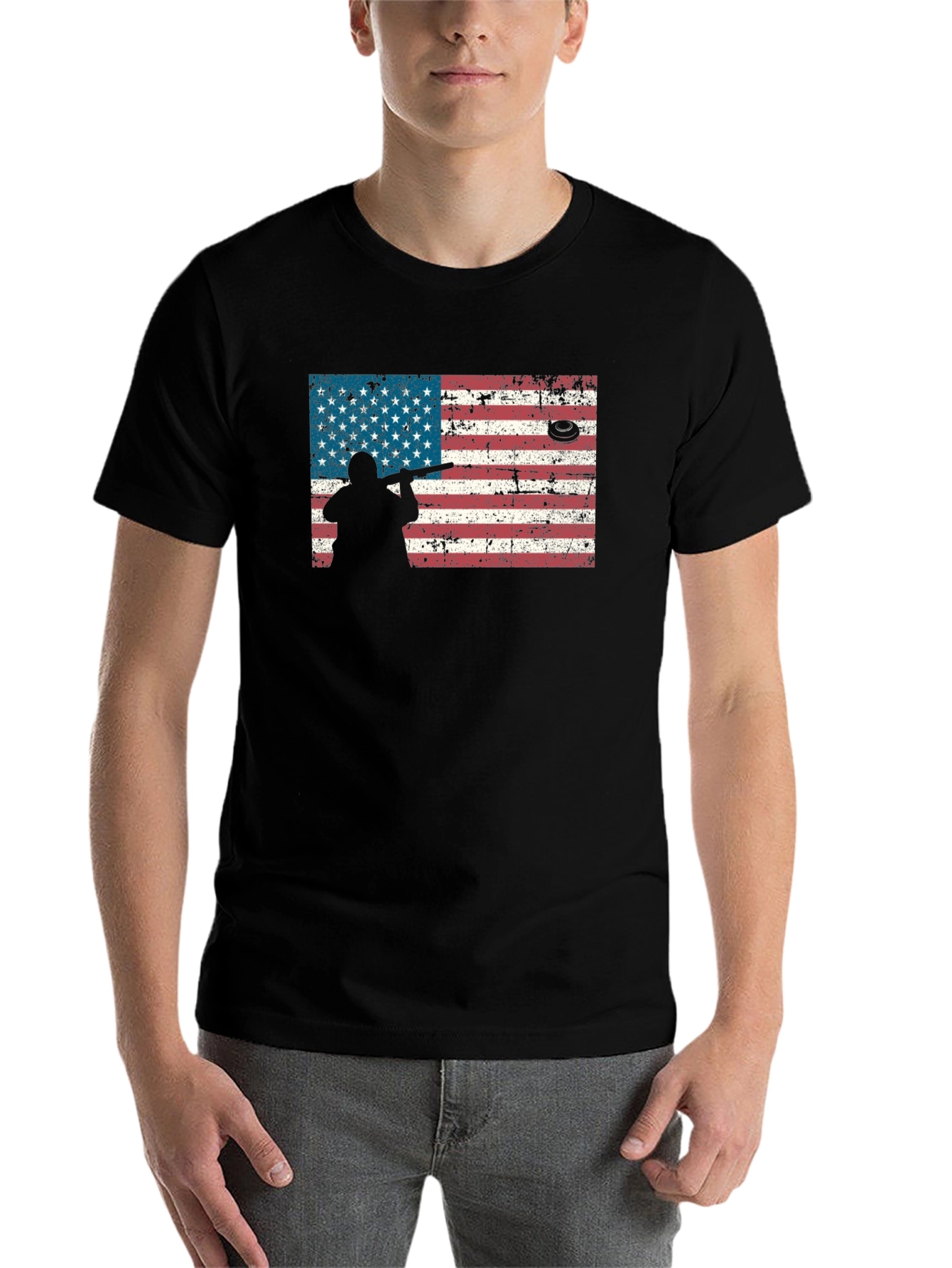 Black American Flag Skeet Shooting T-Shirt view 7