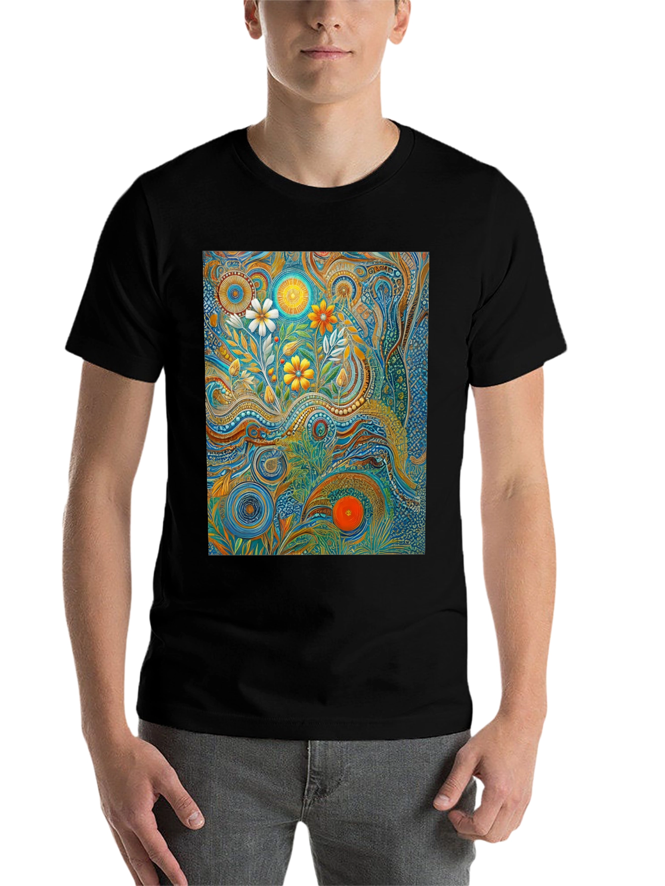 Black Psychedelic Floral Art T-Shirt view 7