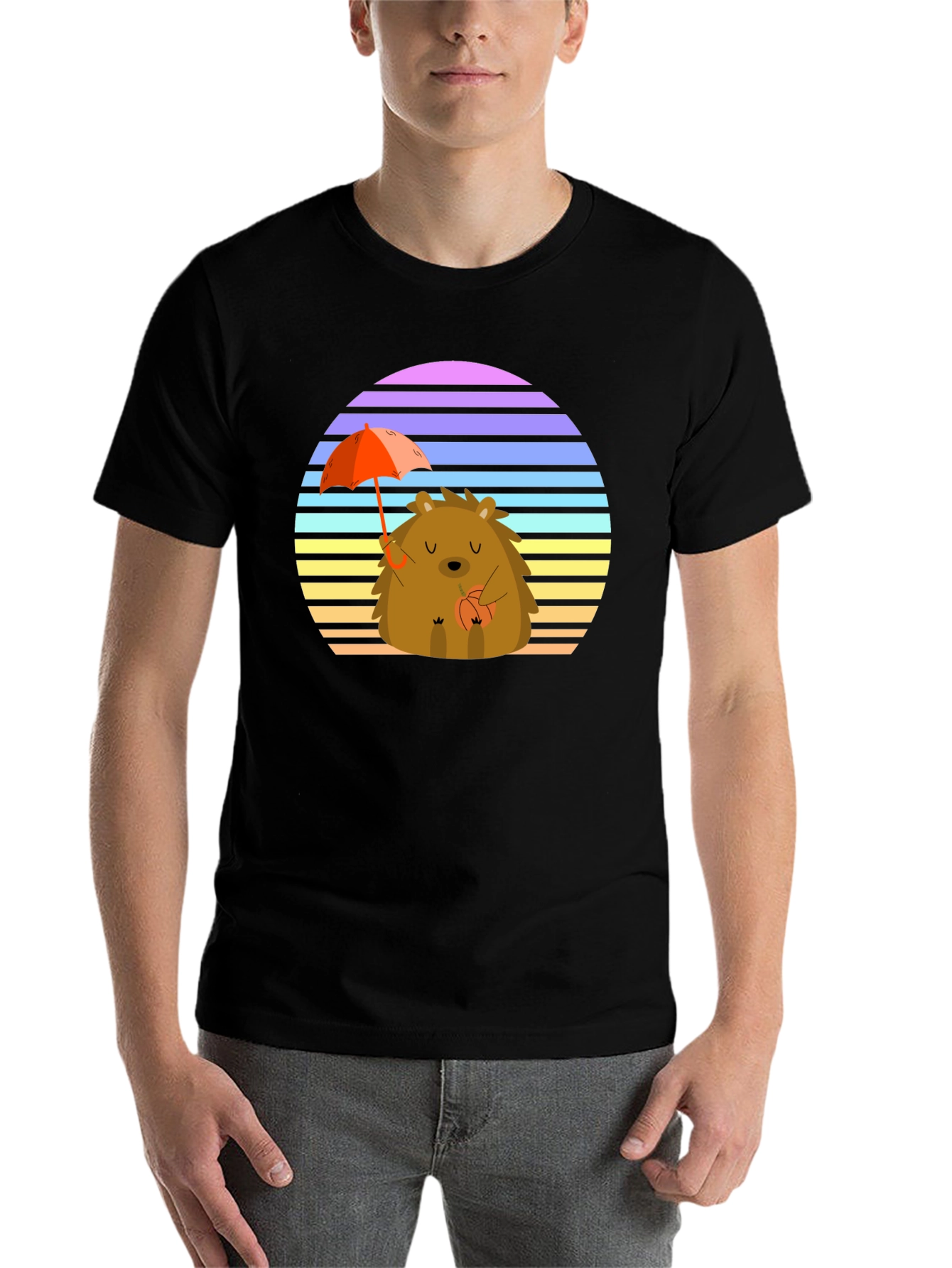 Black Cute Hedgehog T-Shirt with Retro Sunset Design view 7