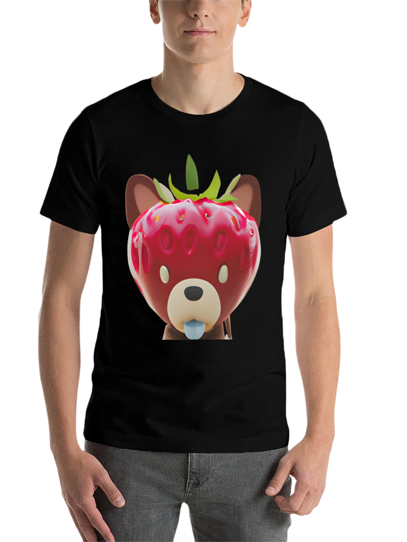 Black Strawberry Bear Graphic Tee - Unique Men's Black T-Shirt view 7
