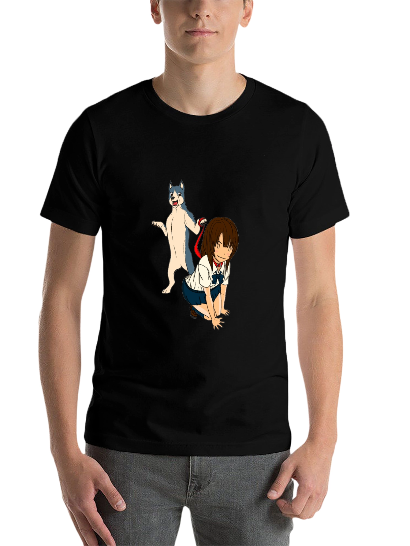 Black Anime Girl & Dog Graphic Black T-Shirt view 7