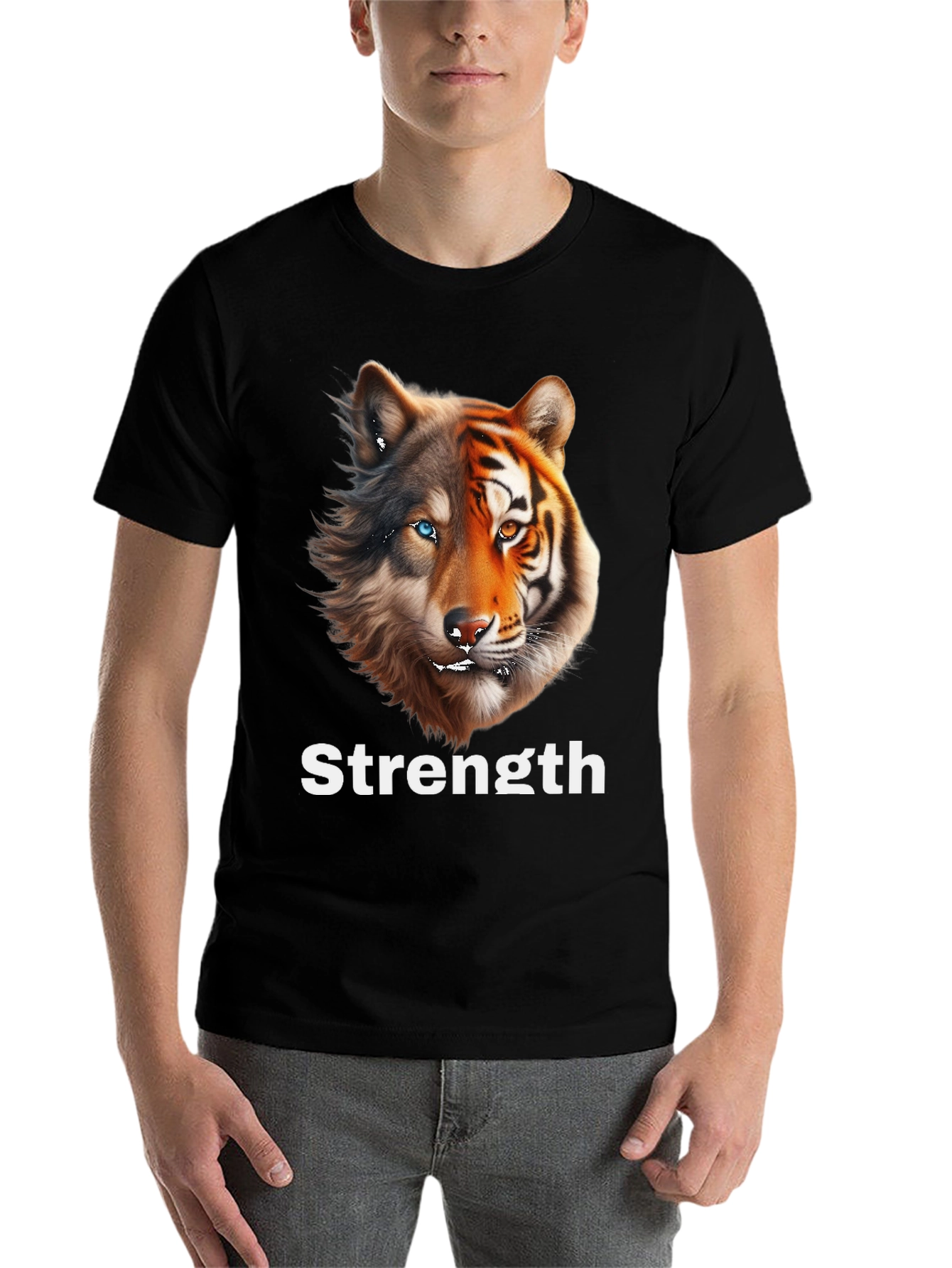 Black Strength Wolf Tiger Graphic Tee - Unique Animal Design view 7
