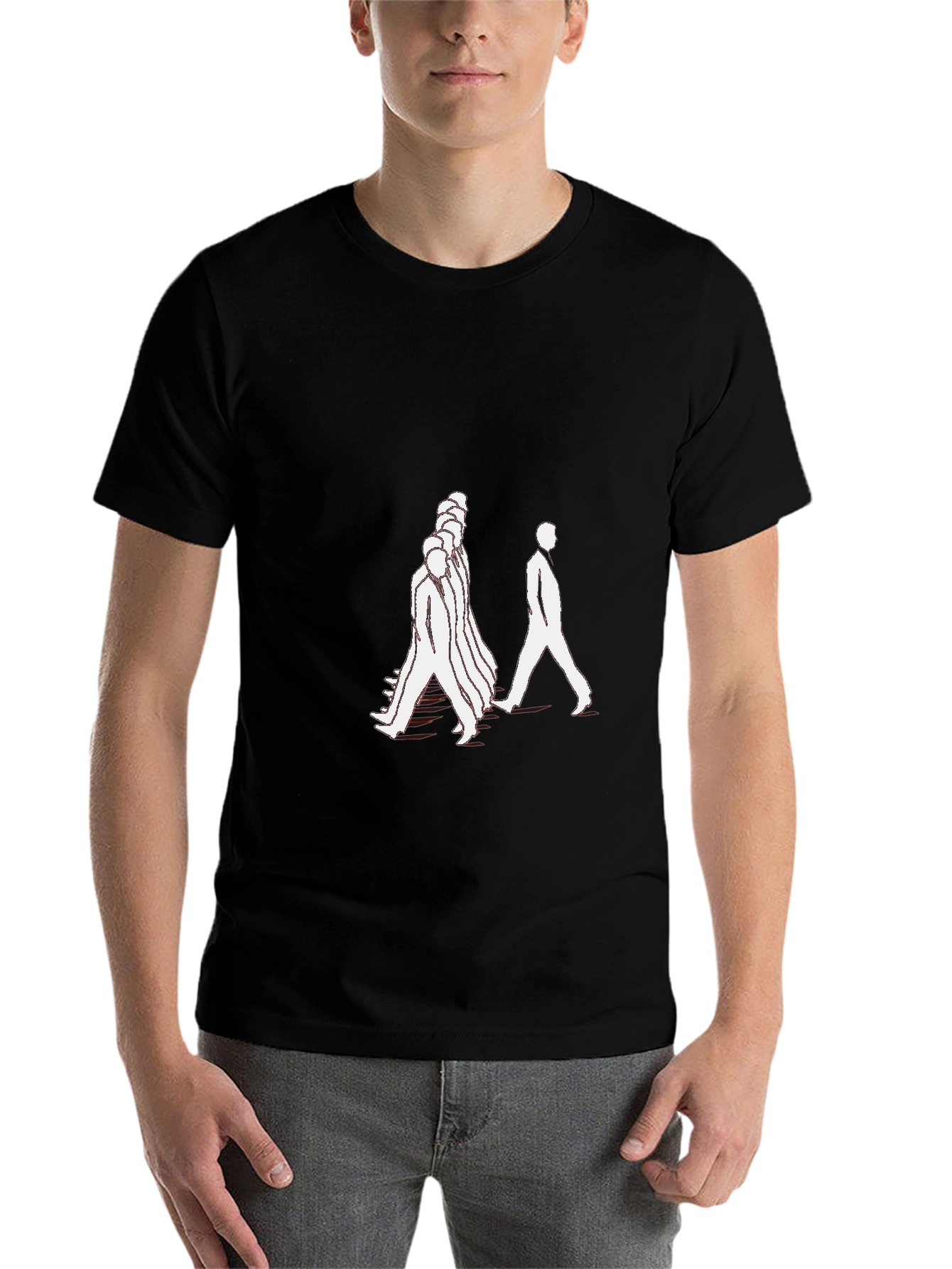 Black Black T-Shirt with Walking Figures Print view 7