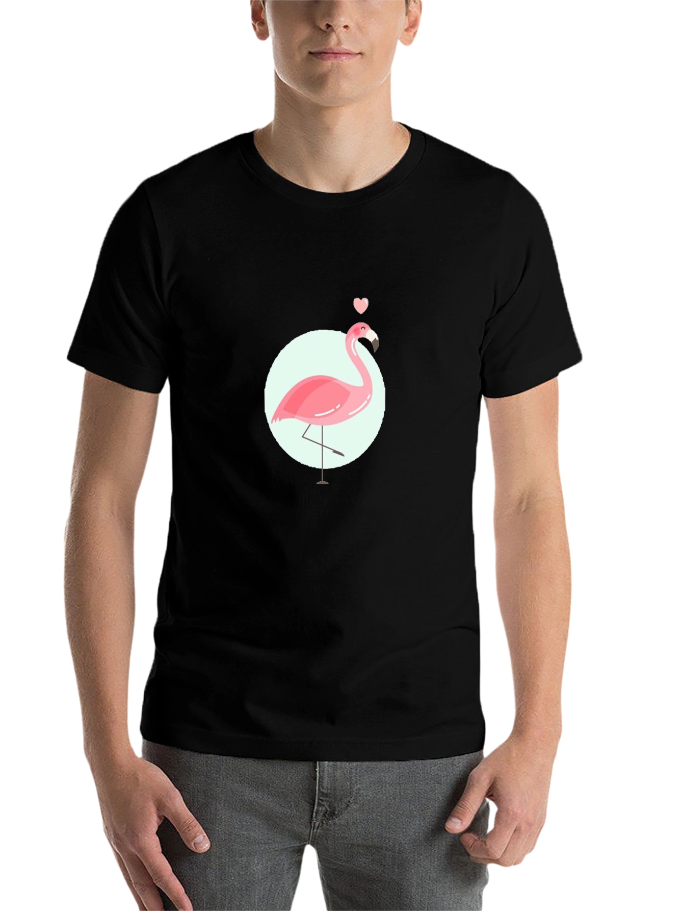 Black Pink Flamingo Graphic Tee - Black Cotton Casual T-Shirt view 7