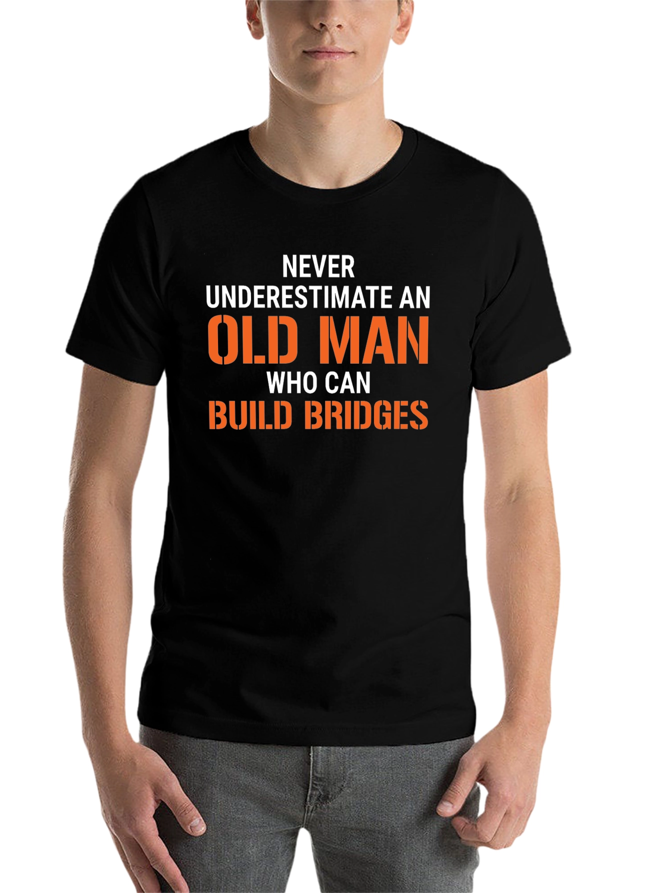 Black Funny "Old Man Build Bridges" Graphic Tee view 7