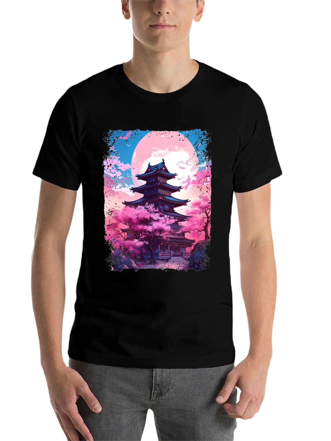 Black Japanese Temple Sakura Moon Men's Graphic Tee view 7