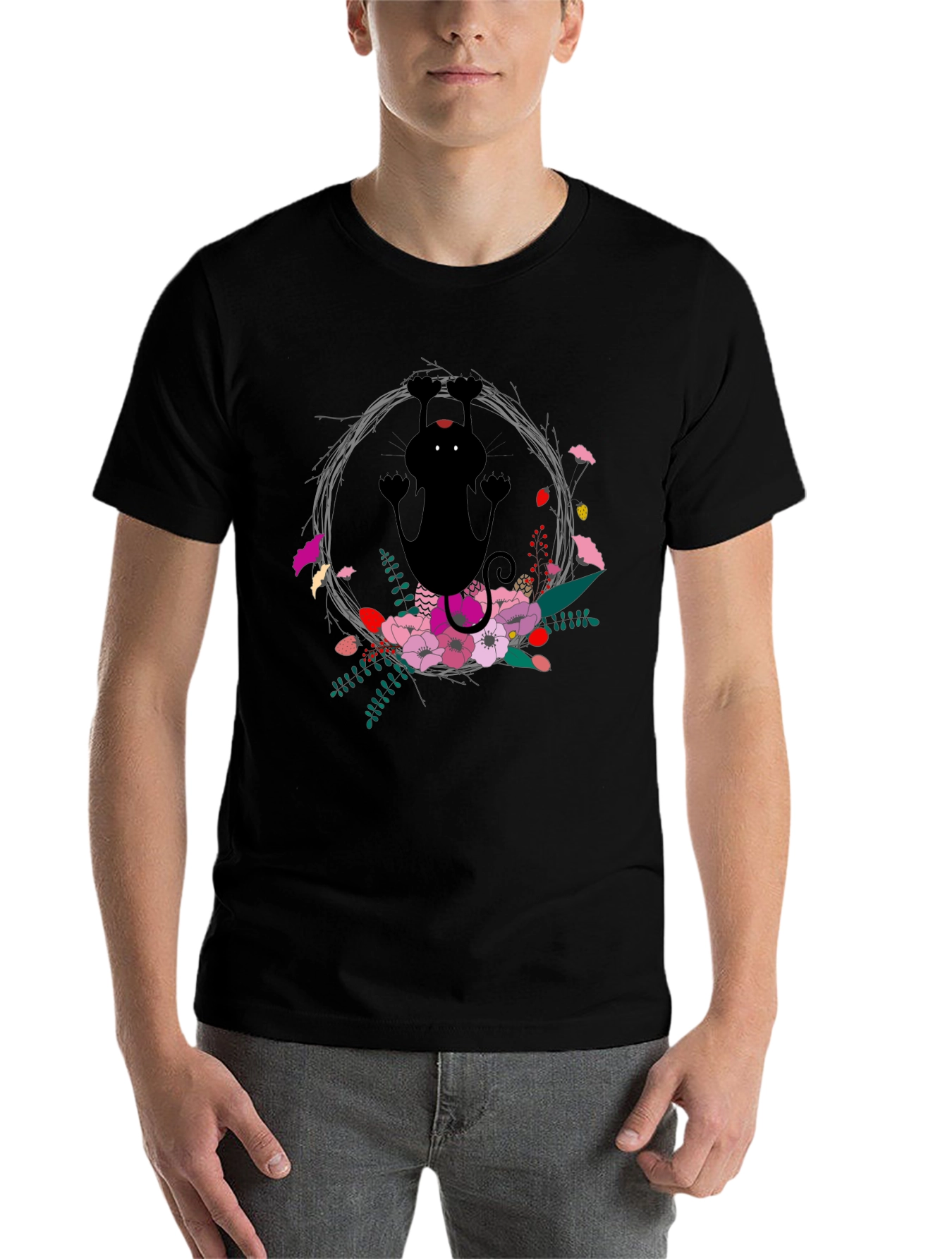 Black Floral Cat Black T-Shirt - Fun & Unique Design view 7