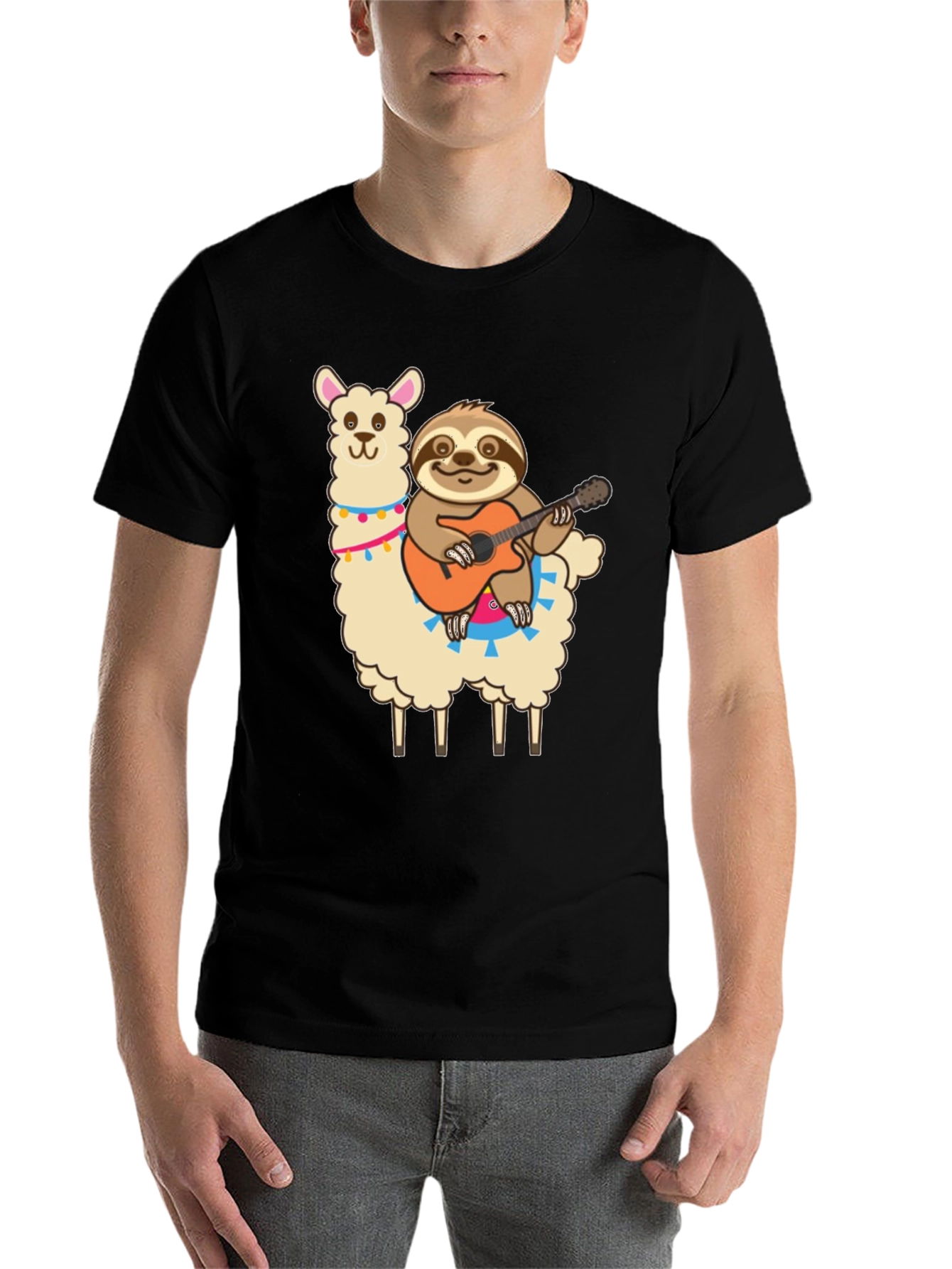 Black Llama & Sloth Guitar T-Shirt view 7
