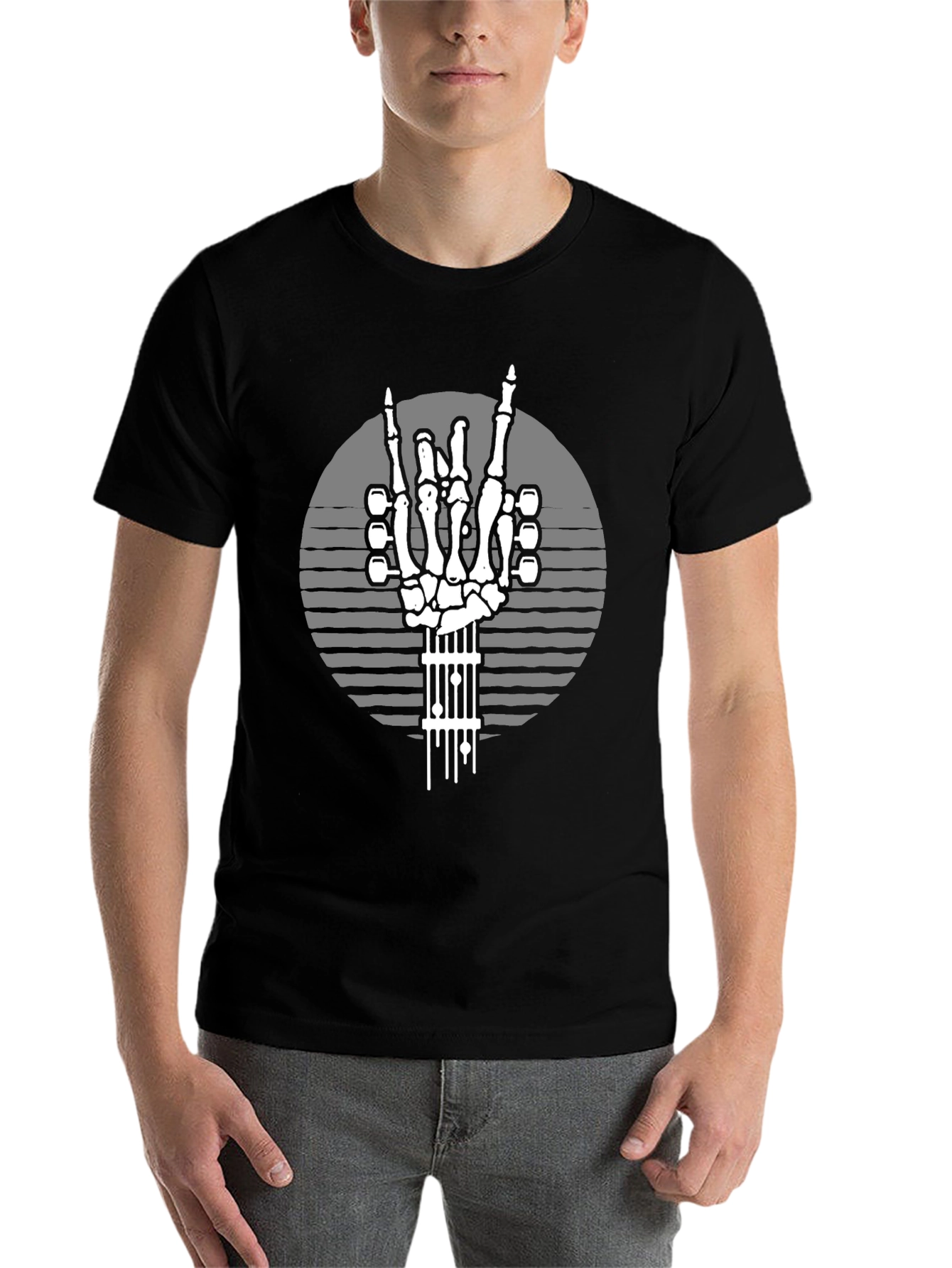 Black Rock On Skeleton Guitar Hand T-Shirt view 7