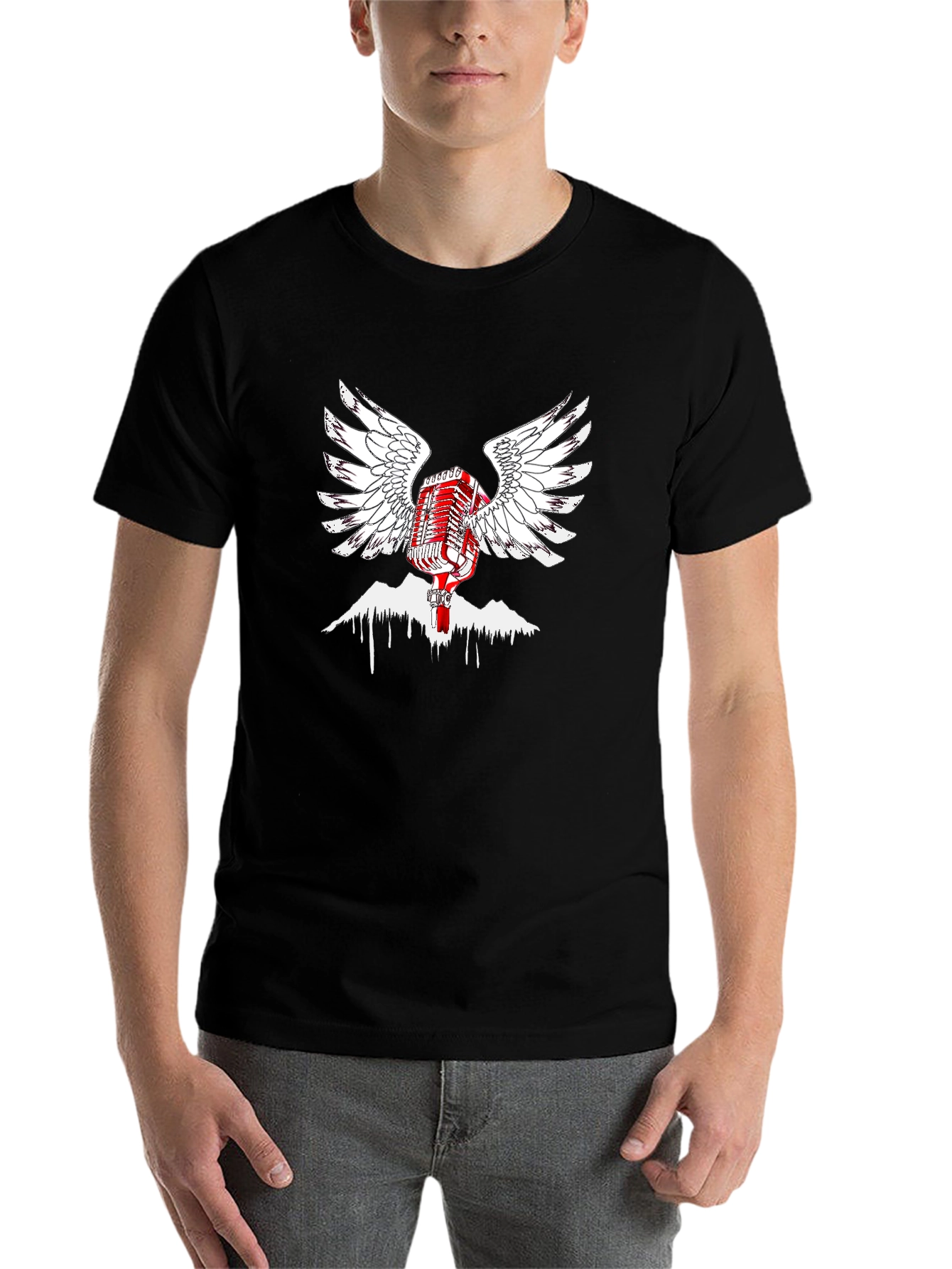 Black Retro Microphone Wings Black T-Shirt view 7