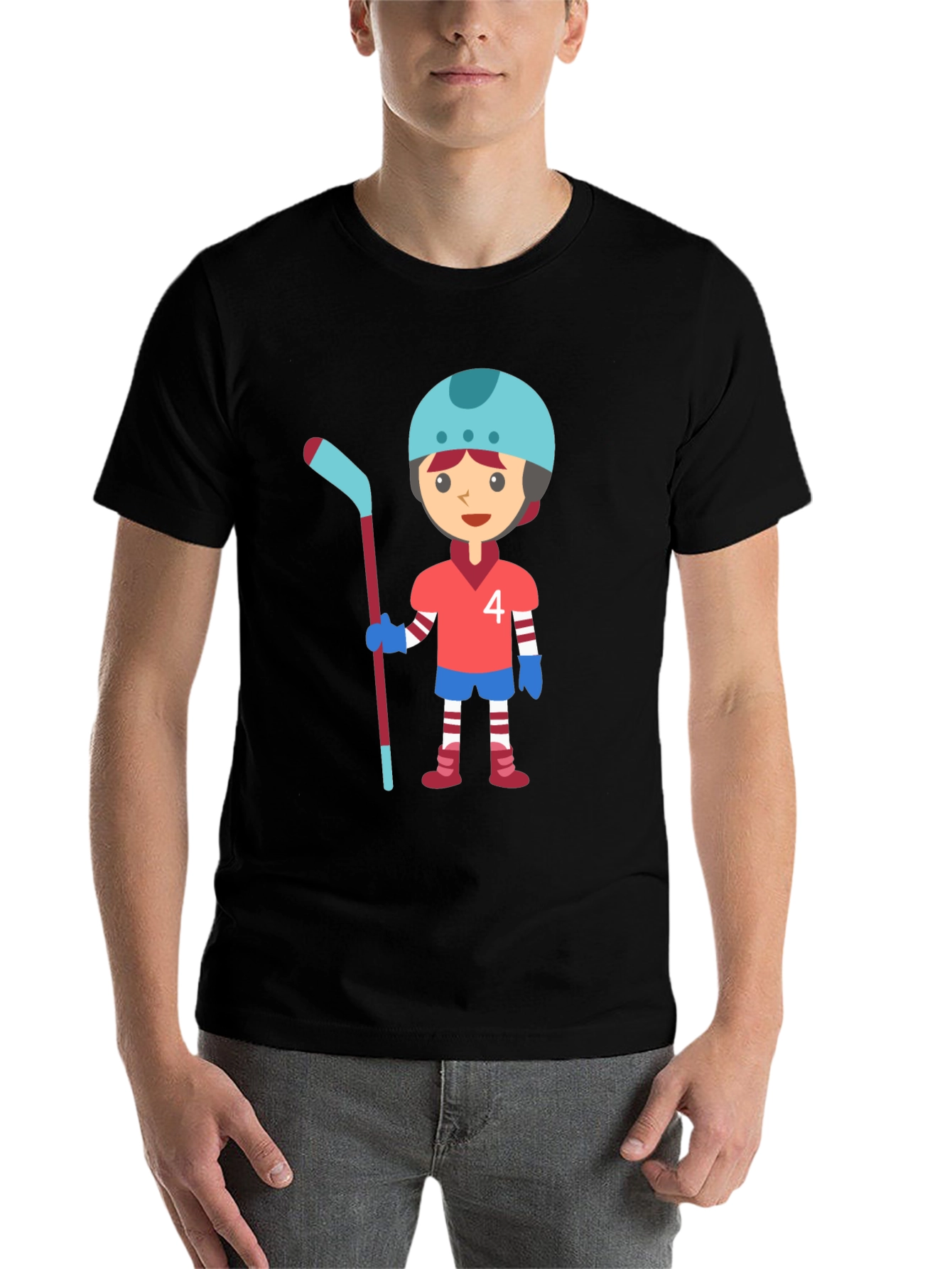 Black Cartoon Hockey Player Graphic T-Shirt view 7