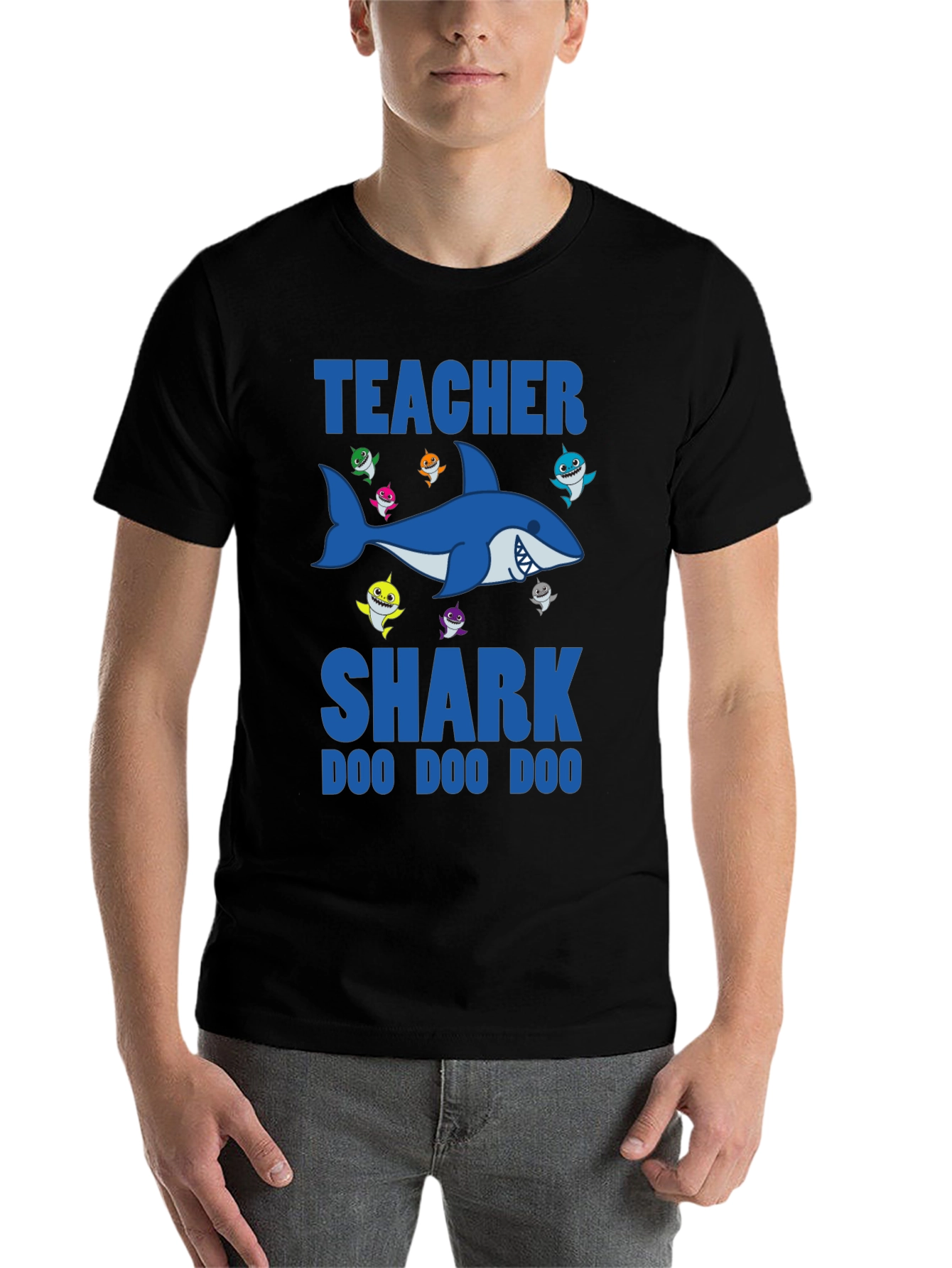Black Teacher Shark T-Shirt - Doo Doo Doo - Black view 7