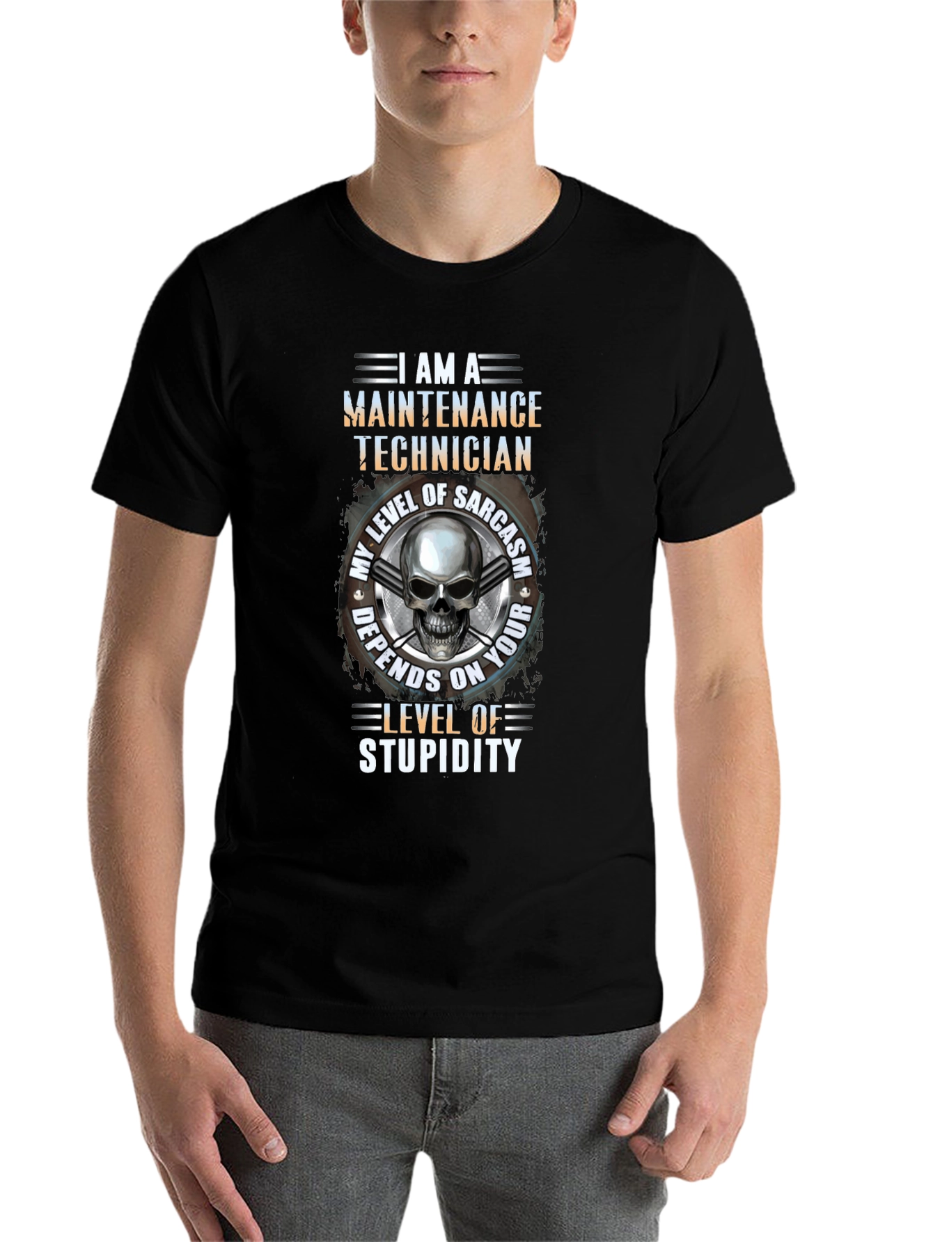 Black Maintenance Technician Skull Graphic T-Shirt view 7
