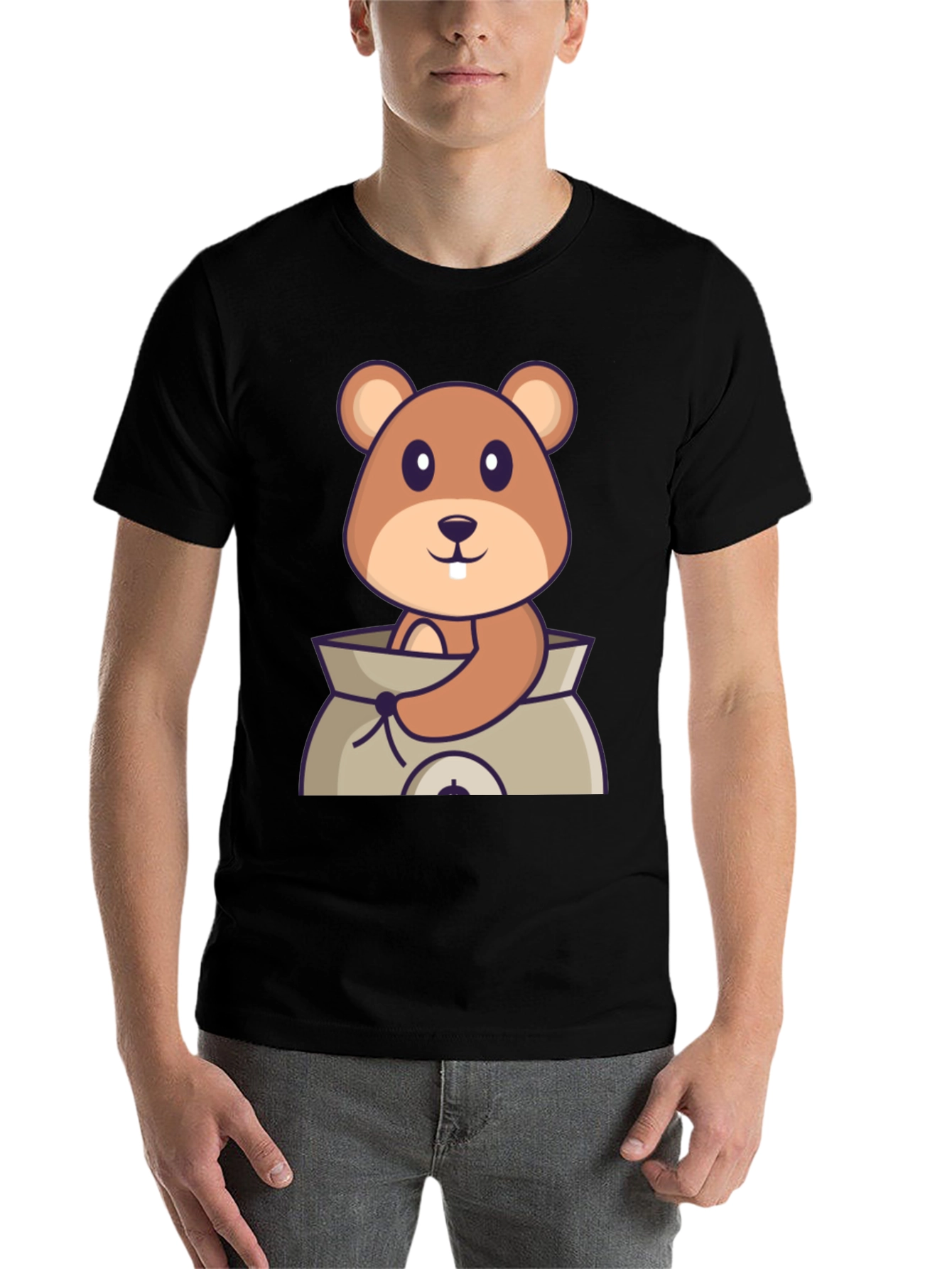 Black Cartoon Groundhog in Sack Black T-Shirt view 7