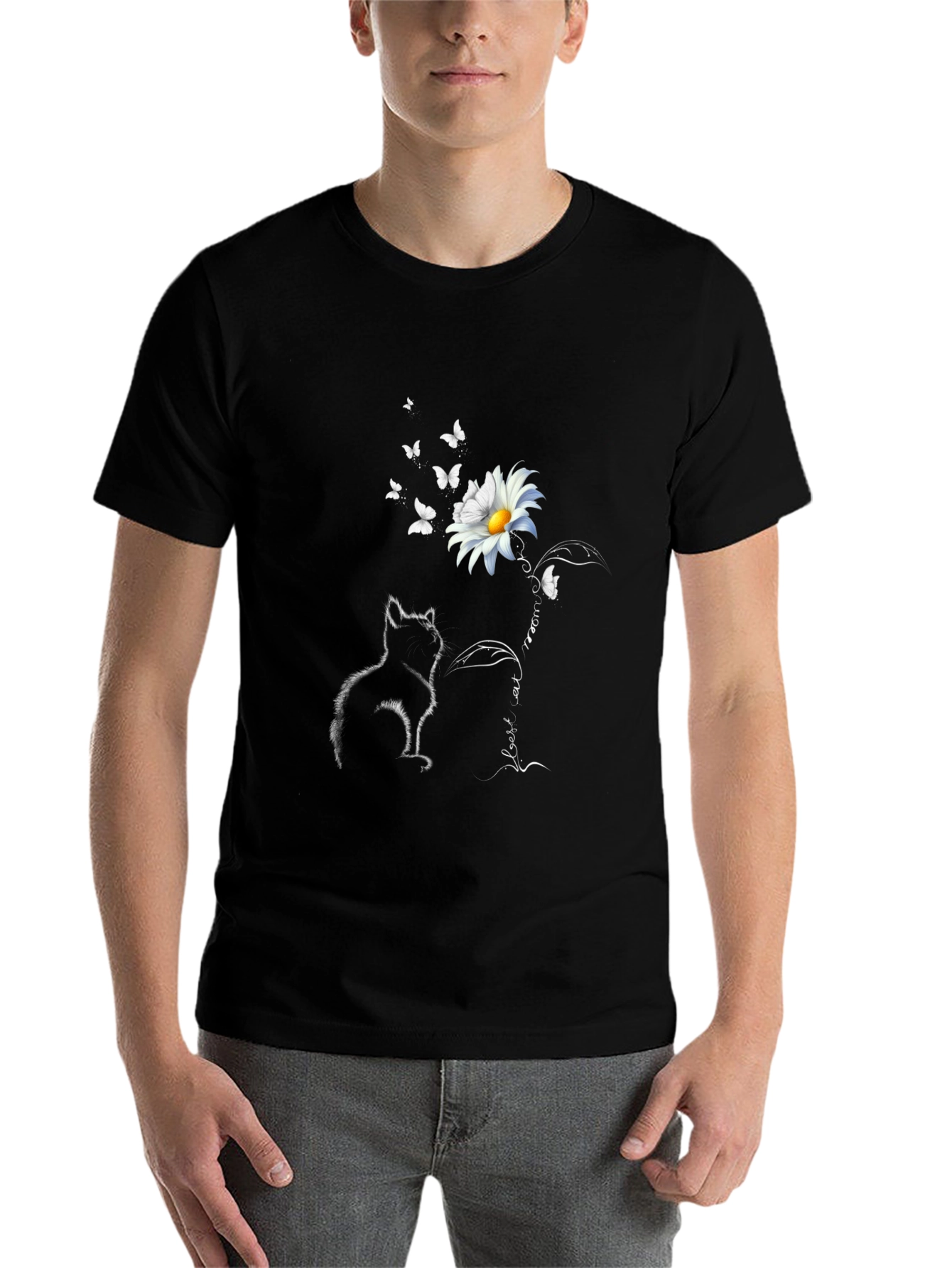Black Cat & Daisy T-Shirt: Black Tee with Unique Graphic view 7