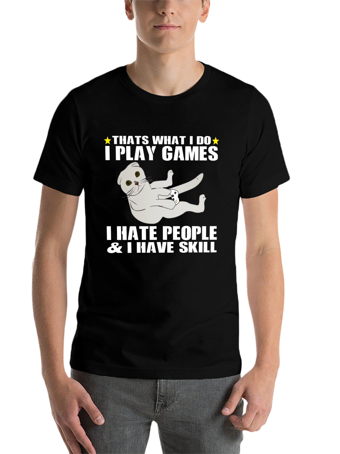 Black Gamer Cat T-Shirt - I Play Games & I Have Skill view 7