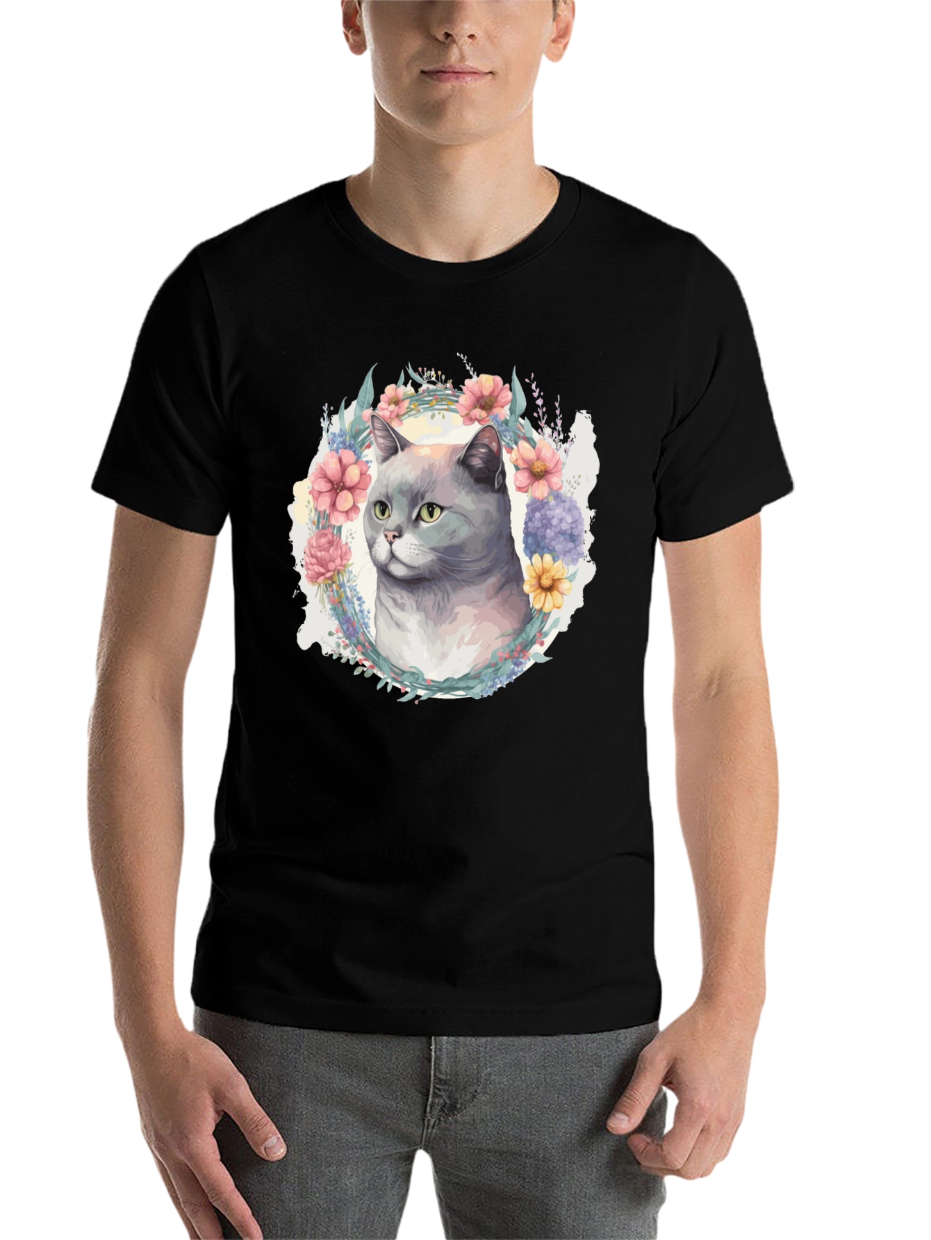 Black Floral Cat T-Shirt - Soft Cotton Blend view 7