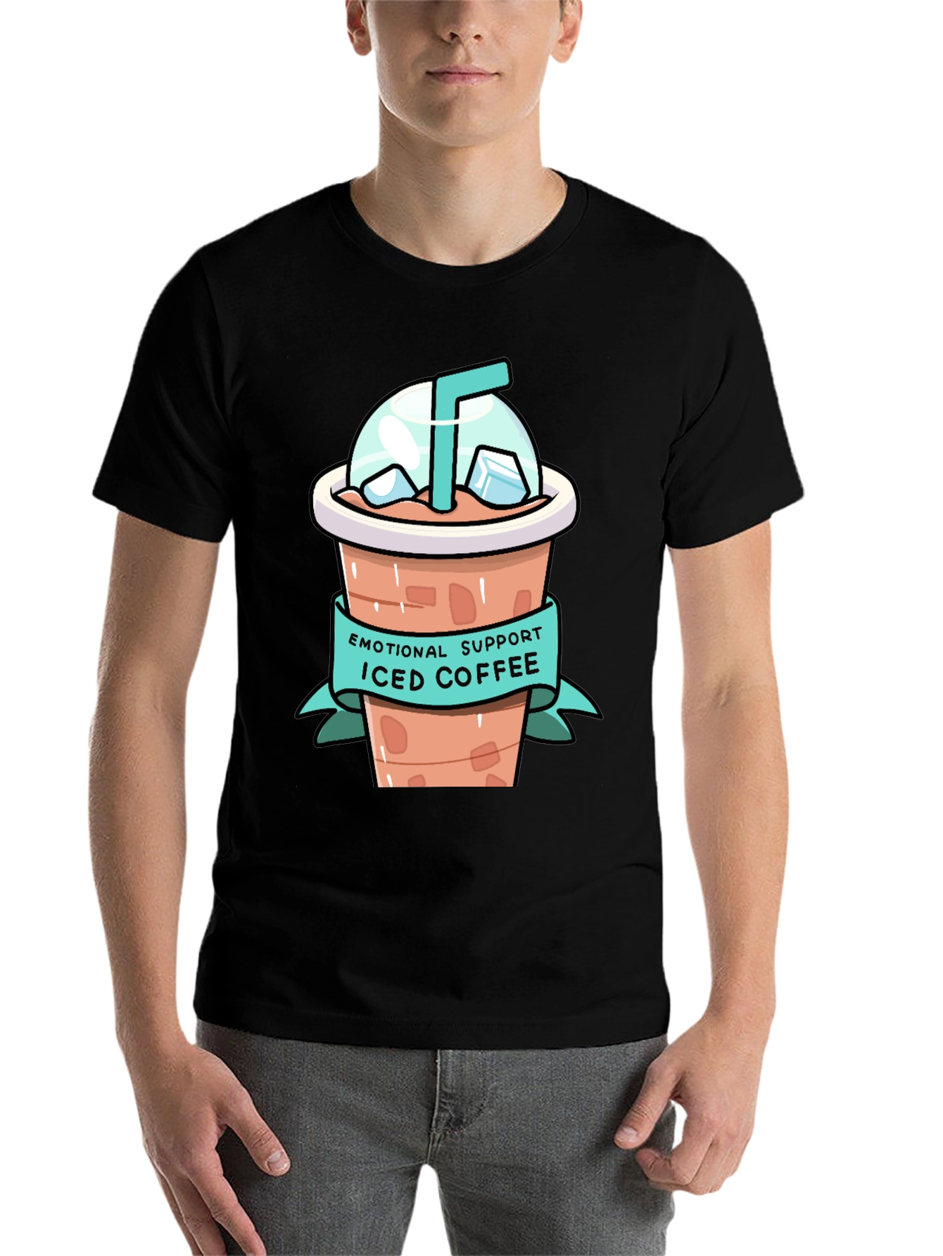 Black Emotional Support Iced Coffee Graphic T-Shirt view 7