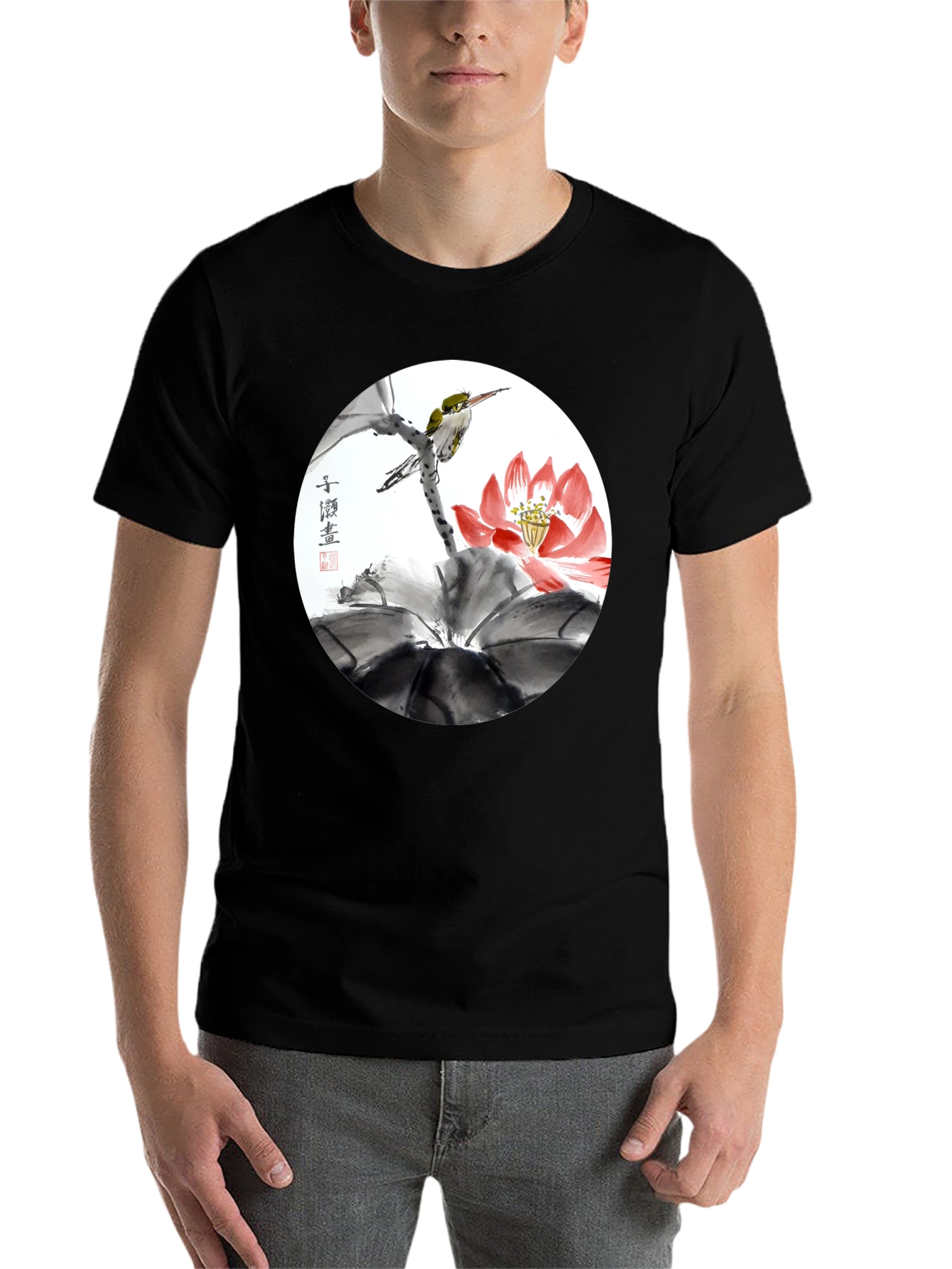 Black Artistic Bird & Lotus T-Shirt view 7
