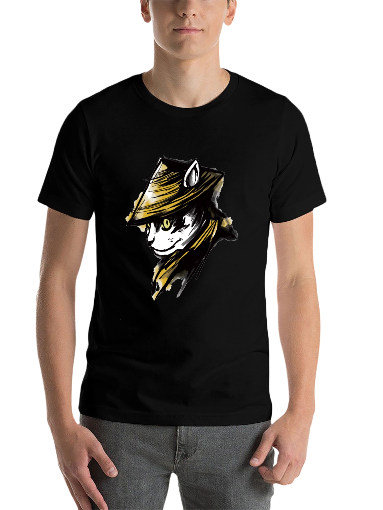 Black Black T-Shirt with Cat Samurai Graphic view 7