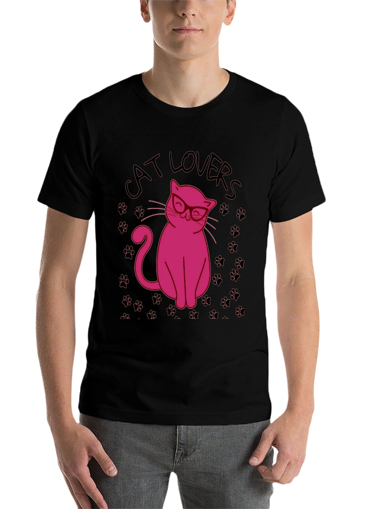 Black Cat Lovers T-Shirt - Pink Cat with Glasses Design view 7